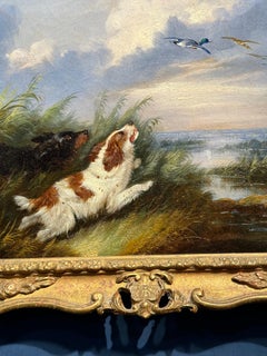 Antique Victorian English 19th C, English Spaniel dogs and ducks in a landscape