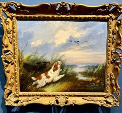 Antique Victorian English 19th C, English Spaniel dogs and ducks in a landscape