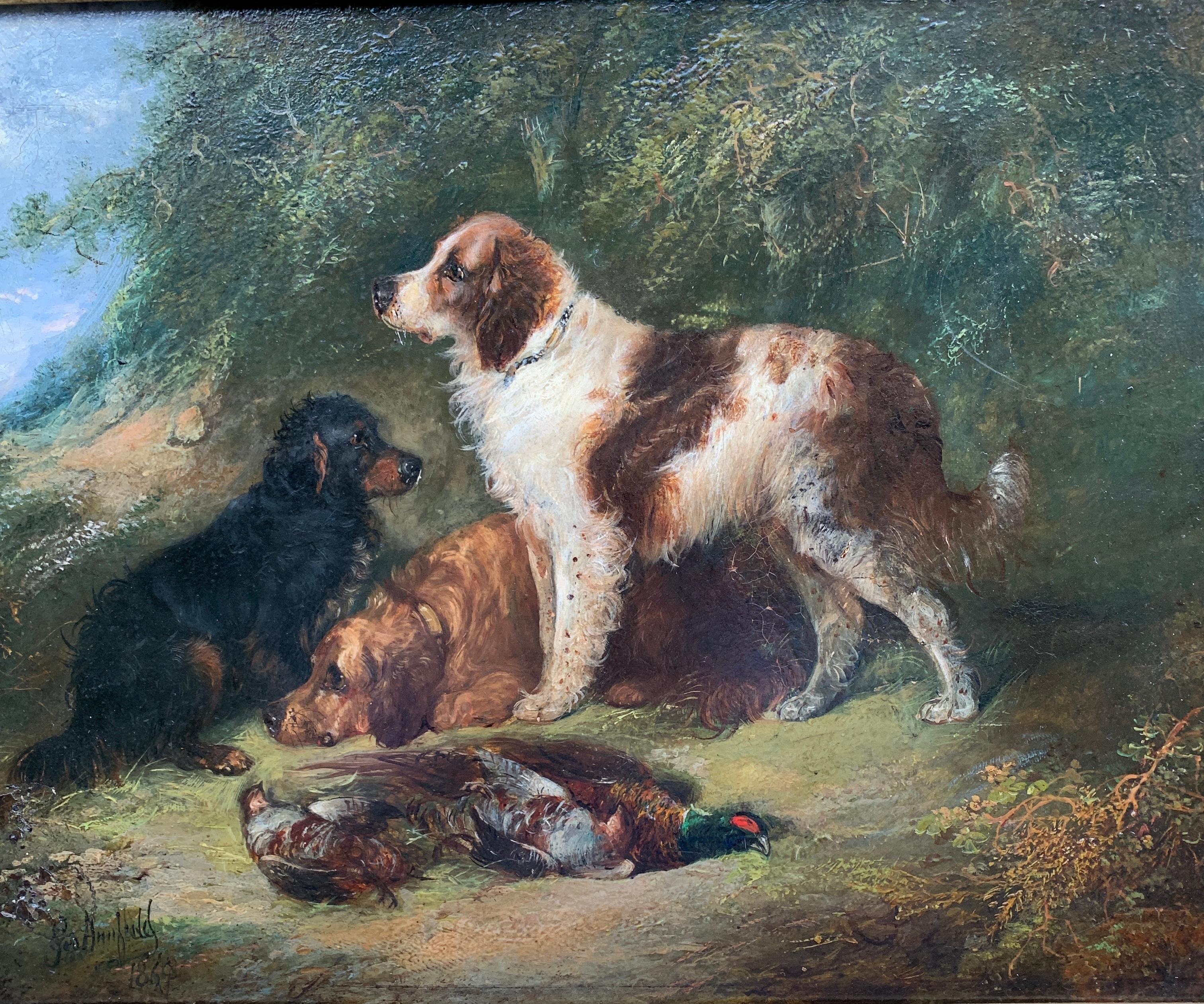 Antique Victorian English 19th C portrait of English Spaniel dogs in a landscape - Painting by George Armfield