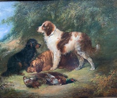 Antique Victorian English 19th C portrait of English Spaniel dogs in a landscape