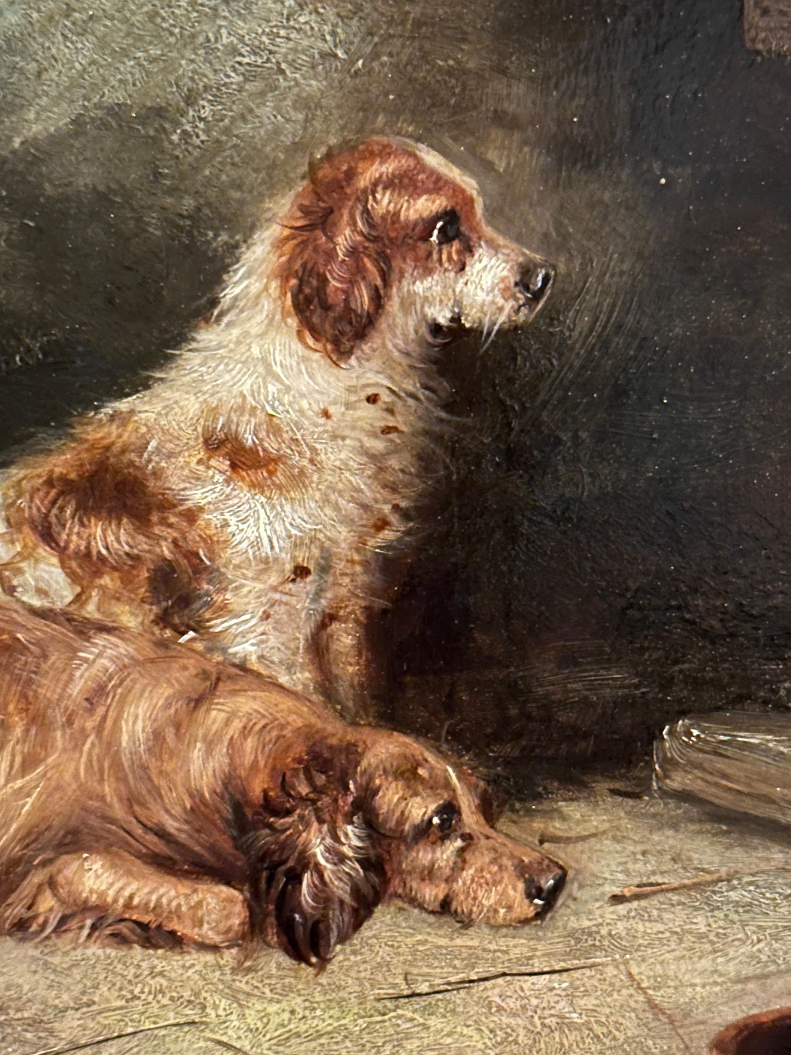 Antique Victorian English 19th Century, three Spaniels dogs in an Interior - Painting by George Armfield