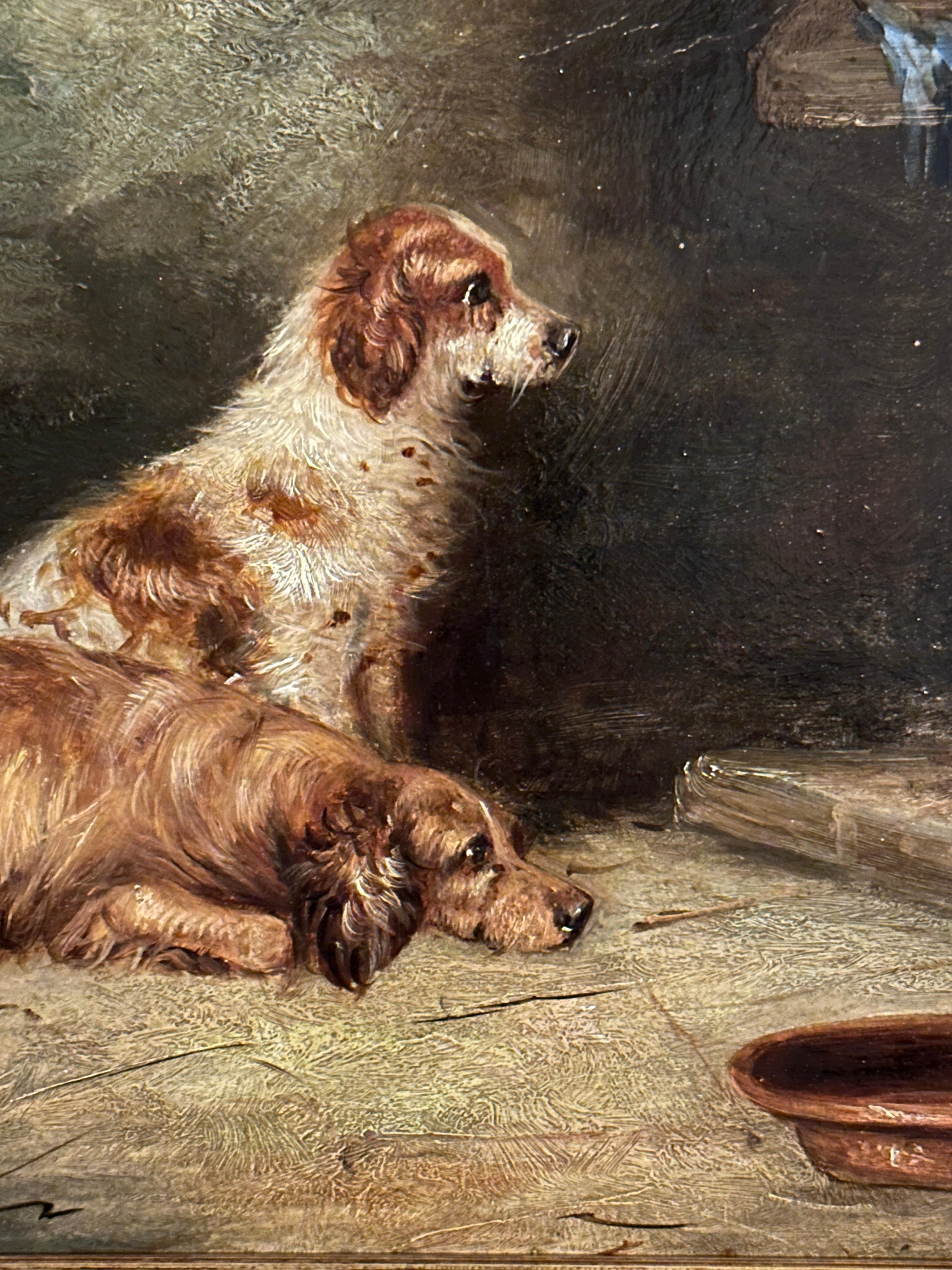 Antique Victorian English 19th Century, three Spaniels dogs in an Interior - Brown Landscape Painting by George Armfield