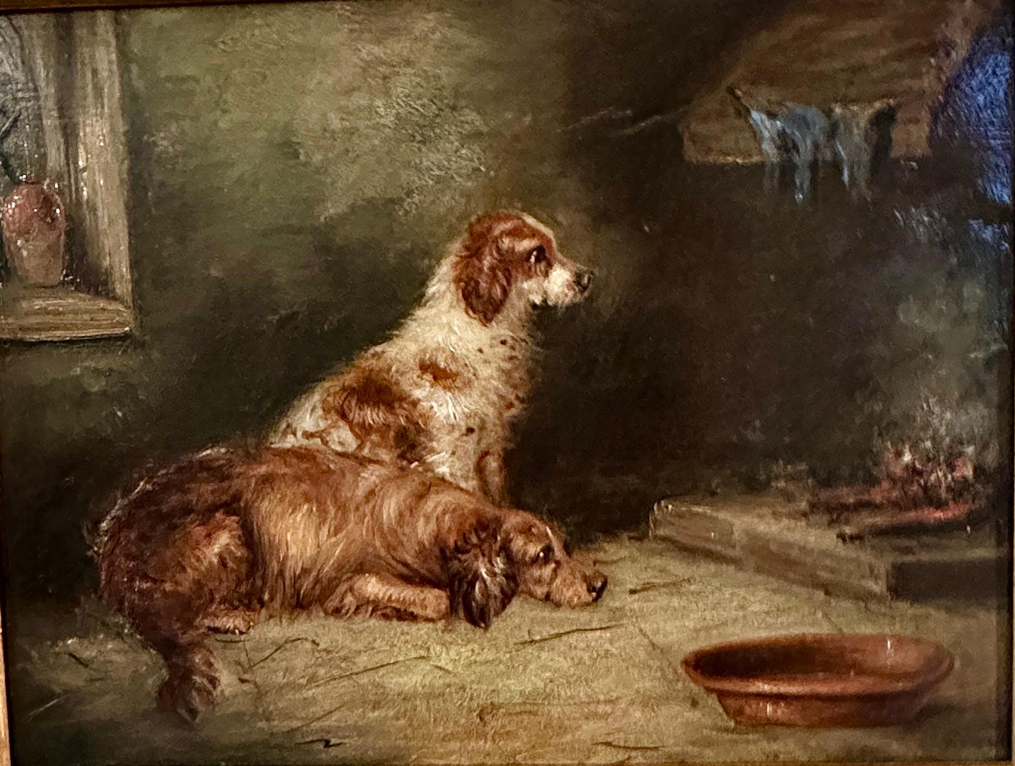 Antique Victorian English 19th Century, three Spaniel dogs in an Interior.

George Armfield was a mid-Victorian painter of mostly dog scenes but also painted other animal subjects such as interiors with huntsmen and simple well-painted landscapes.

