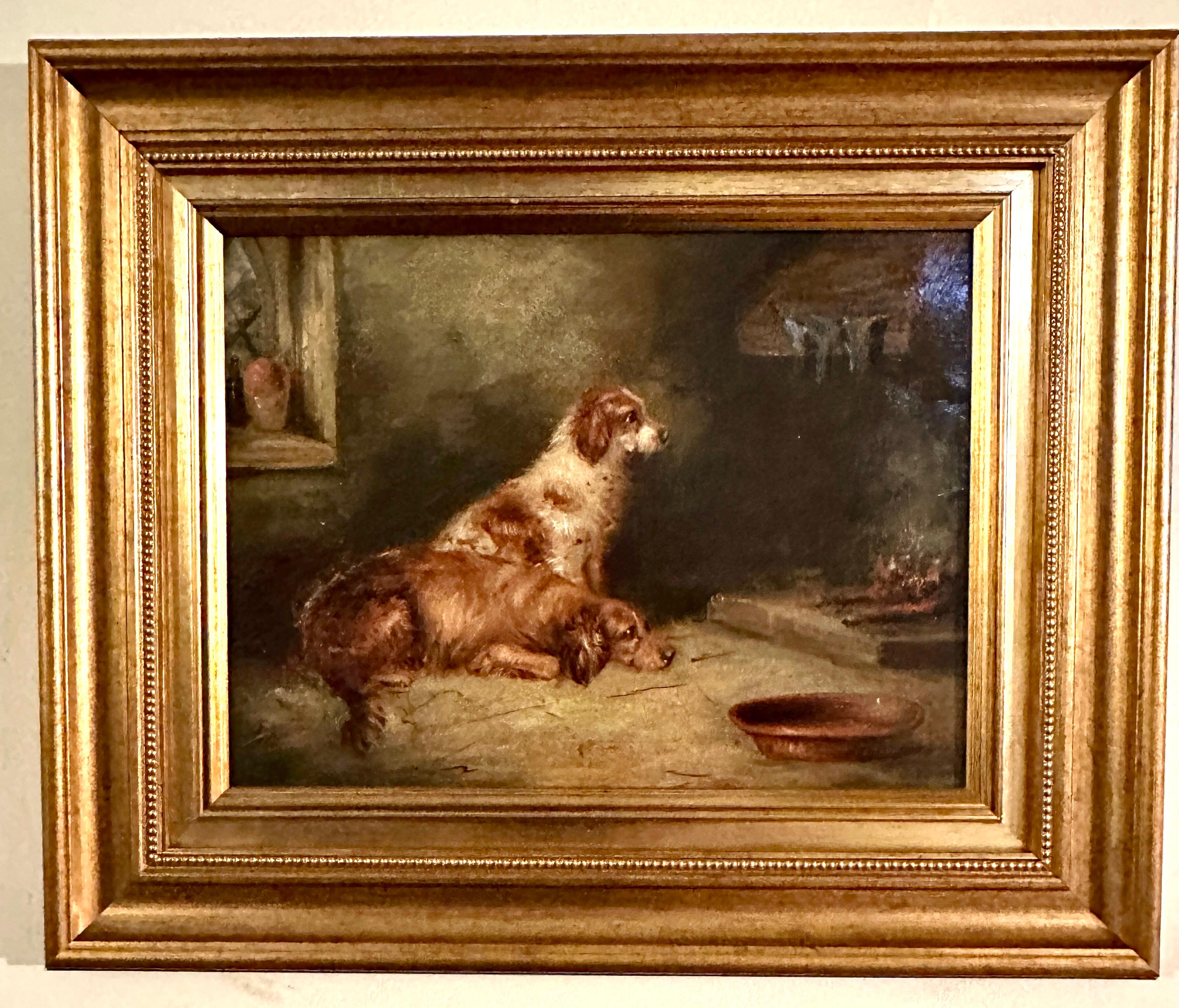 Antique Victorian English 19th Century, three Spaniels dogs in an Interior