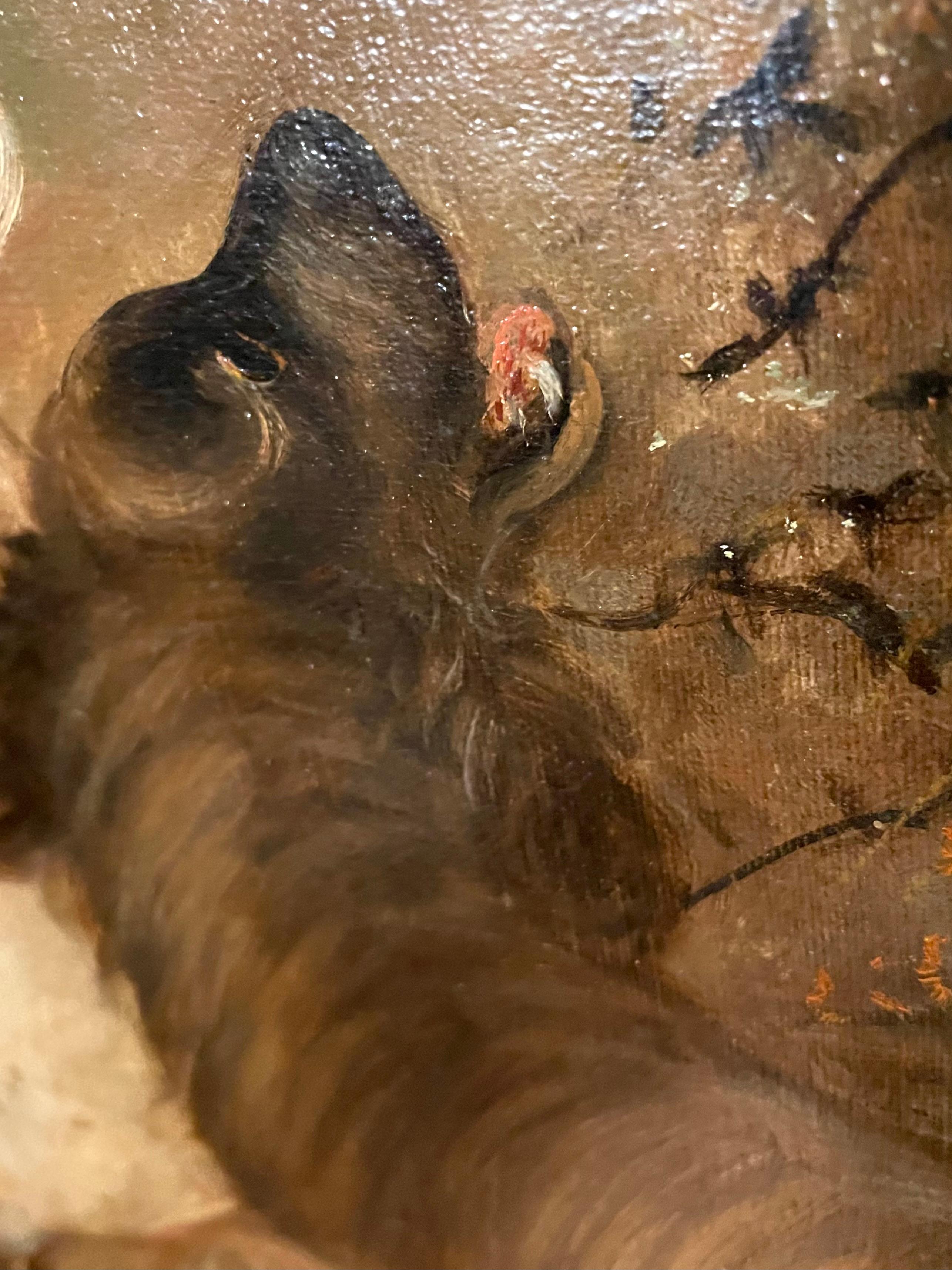 Maître peintre de ce genre, George Armfield est réputé pour ses représentations de chiens en chasse. Ici, un faisan vole en toute sécurité au-dessus de leurs têtes, tandis que les chiens s'amusent à le poursuivre en contrebas.  Peinture à l'huile
