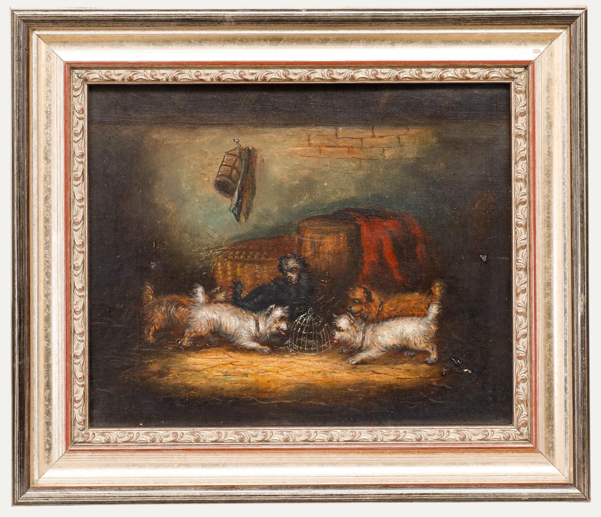 Une charmante peinture à l'huile représentant une meute de terriers espiègles qui s'ébattent dans une grange en pierre. L'artiste utilise un fin travail de pinceau pour capturer la texture filandreuse de la fourrure des terriers et les détails