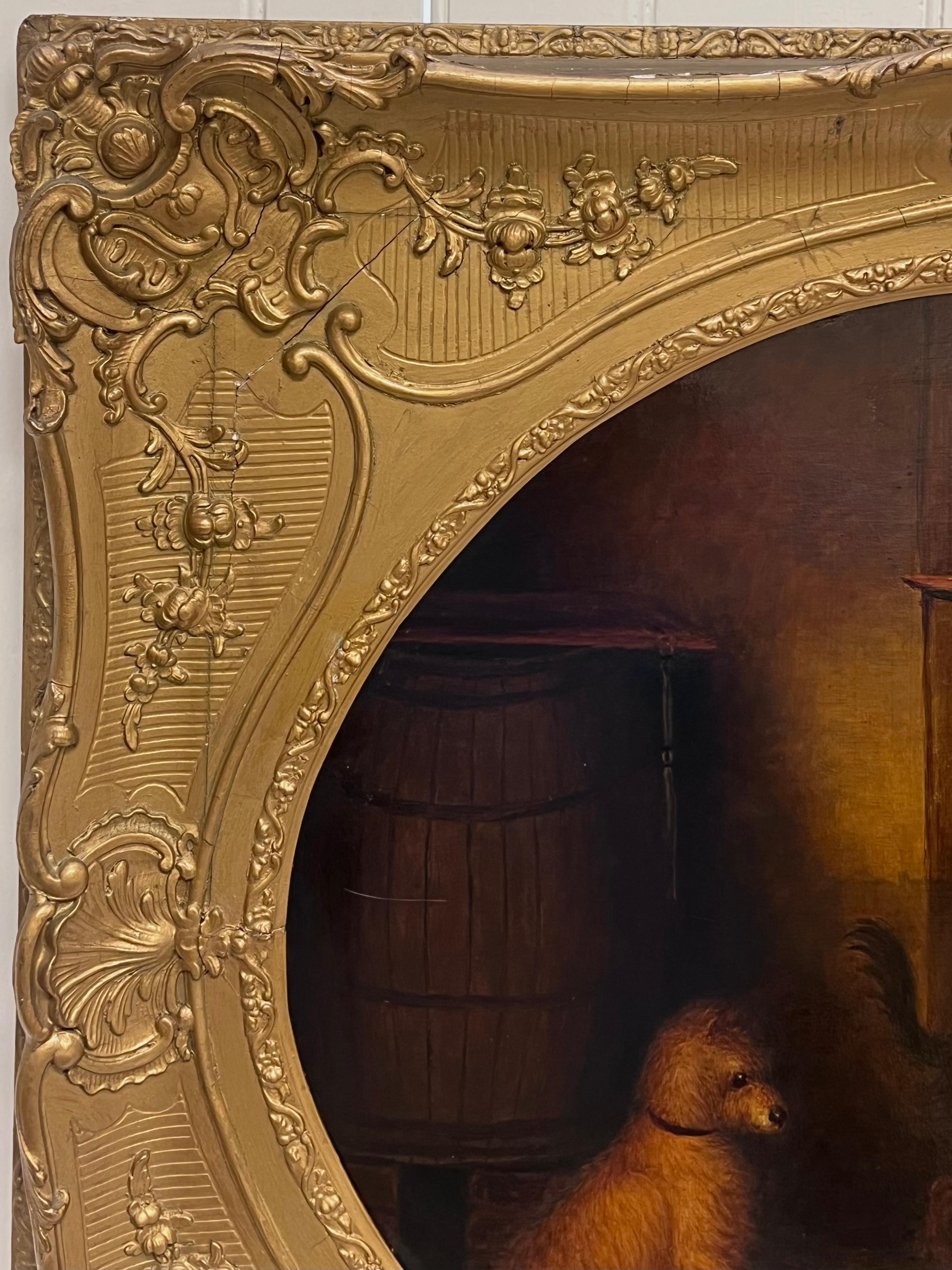 Three Terrier Dogs in Barn Interior
Attributed to George Armfield (British 1808-1893)
oil on canvas, framed within antique oval inset gilt swept frame
framed: 27 x 31 inches
canvas: 20 x 24 inches 
Provenance: private collection, UK
Condition: very