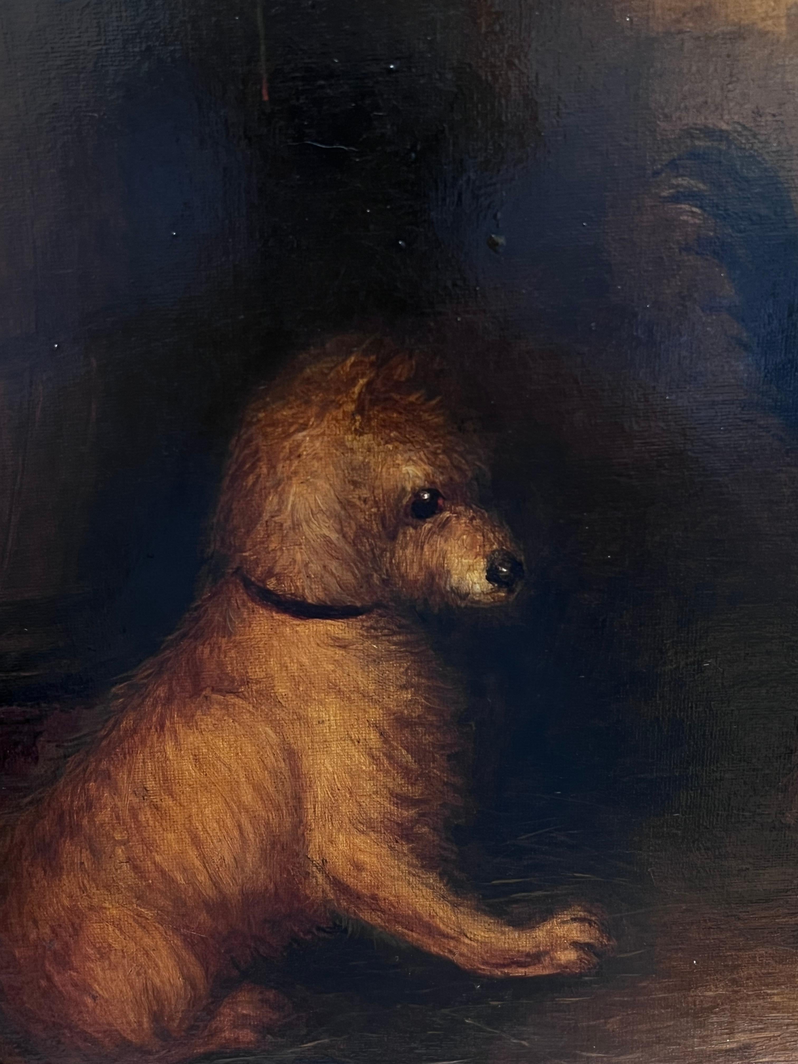 Fine Mid 19th Century Victorian Oval Oil Painting Terrier Dogs in Barn Interior For Sale 1