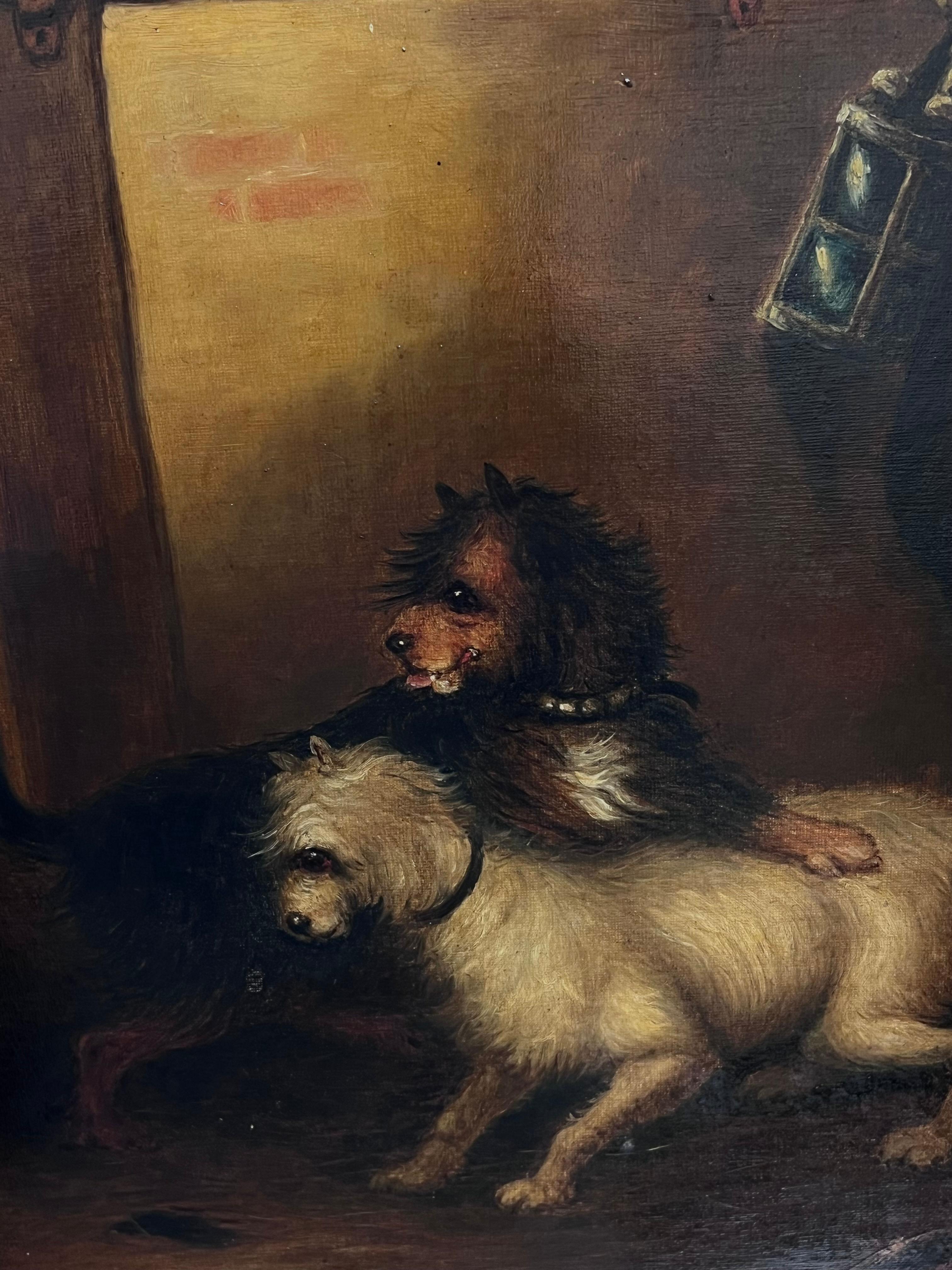 Fine Mid 19th Century Victorian Oval Oil Painting Terrier Dogs in Barn Interior For Sale 3