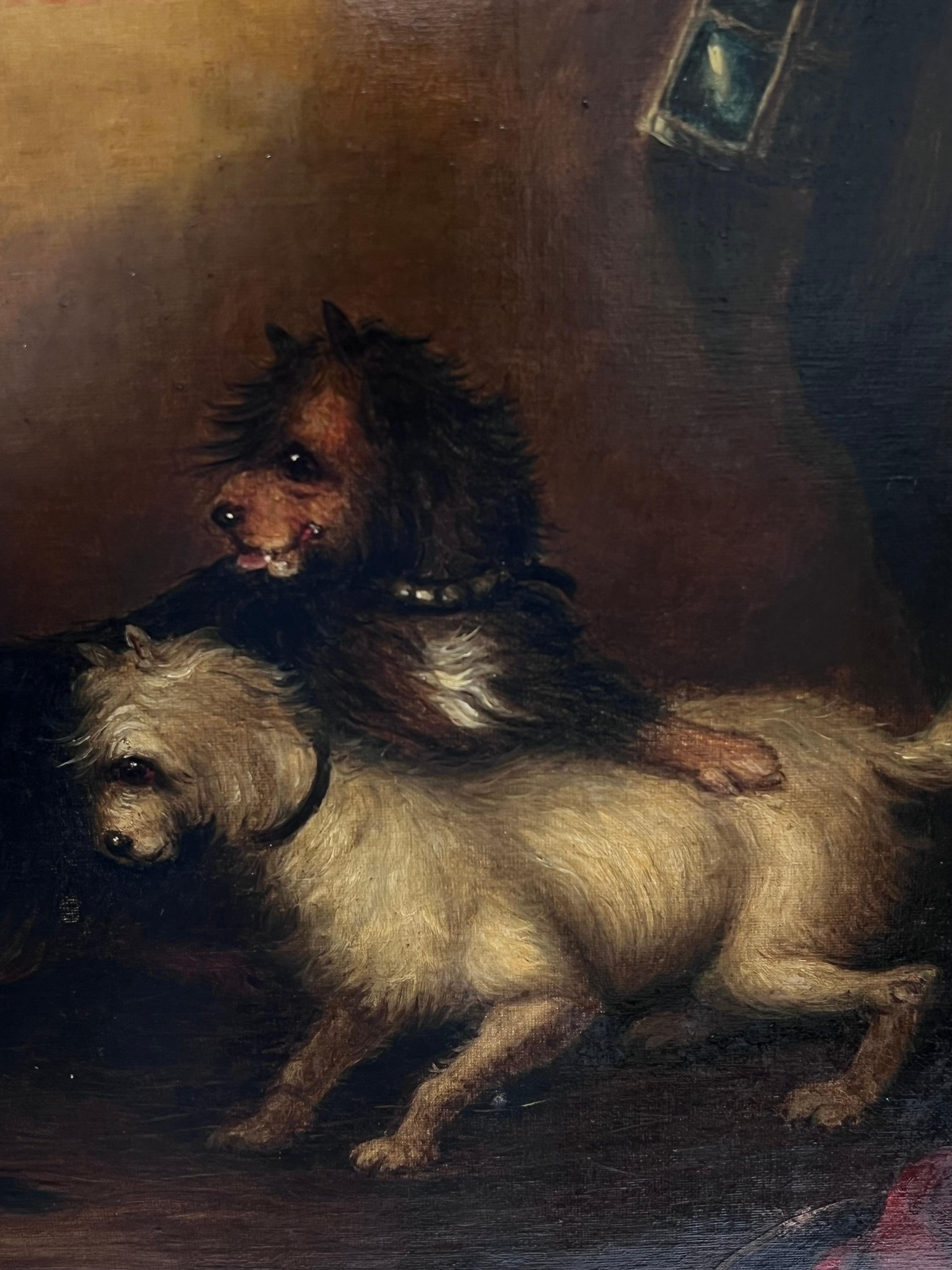 Fine Mid 19th Century Victorian Oval Oil Painting Terrier Dogs in Barn Interior For Sale 5