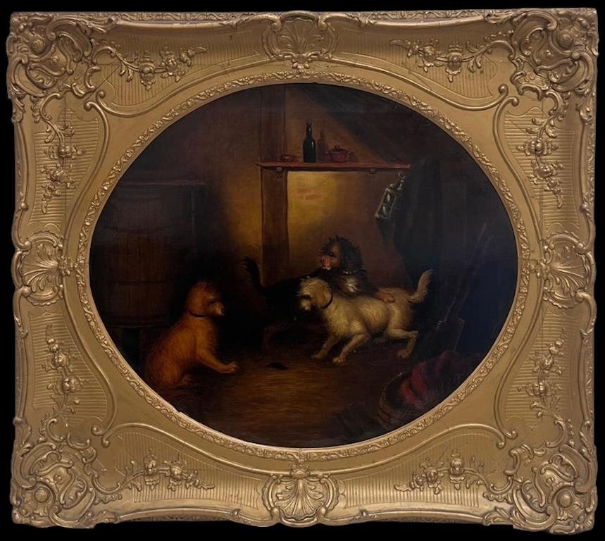 George Armfield Animal Painting - Fine Mid 19th Century Victorian Oval Oil Painting Terrier Dogs in Barn Interior
