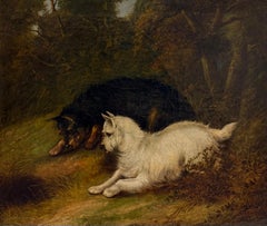 Fine Victorian English Oil Painting Two Terrier Dogs Rabbit Hole Woodland Scene