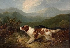 Fine Victorian Oil Painting Spaniel Dogs in Scottish Highland Landscape