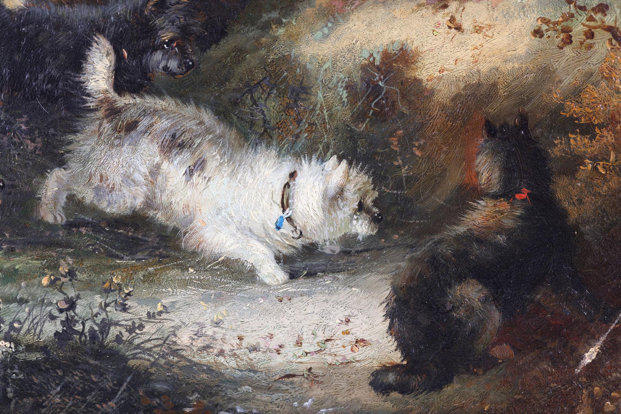 Cinco Terriers en el Bosque. Firmado D. Griffin - Animal Painting Negro de George Armfield