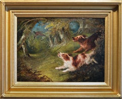 Antique 19th Century sporting landscape oil painting of spaniels flushing out