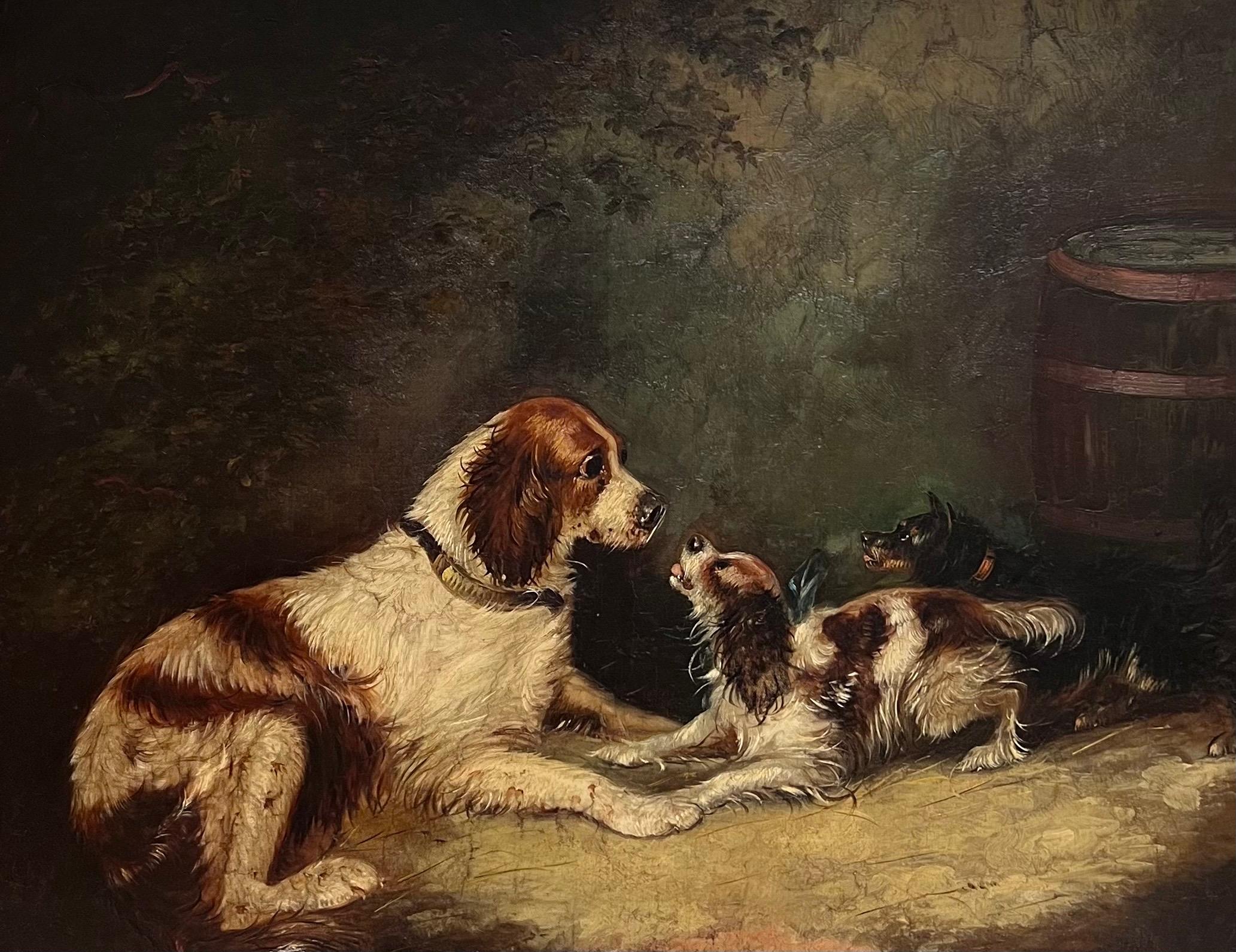 The Spaniels in the Barn
attributed to George Armfield (British 1810-1893)
oil on canvas, framed in very thick antique gilt frame. 
framed: 38 x 45.5 inches
canvas: 28 x 36 inches
provenance: private collection
condition: very good and sound