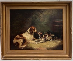 Antique Huge Victorian Sporting Dog Oil Painting Family of Spaniels in Barn Interior