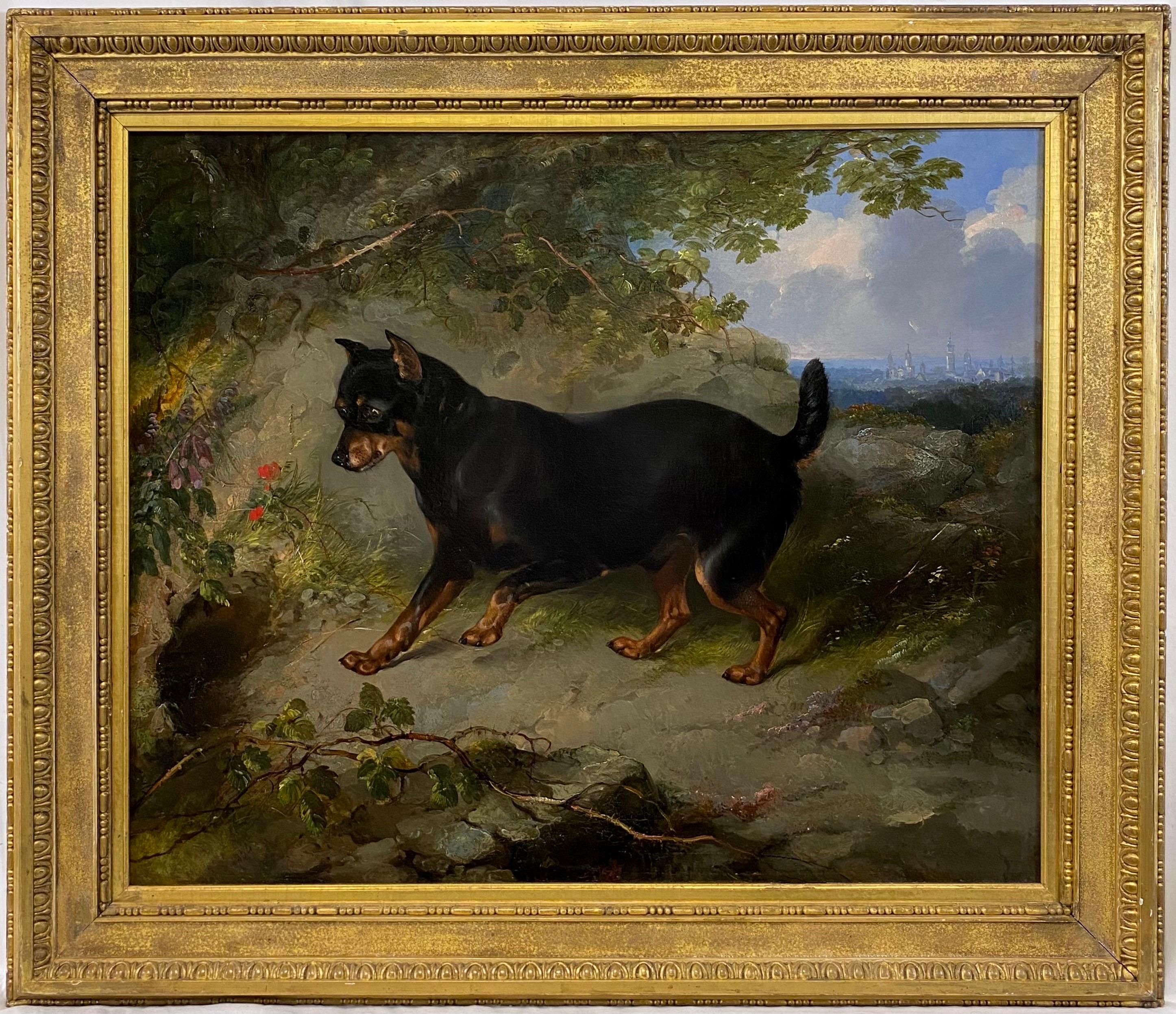 “Manchester Terrier, 1854” 19th C. Dog Portrait in Landscape Ex-Bonhams Oil