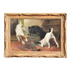 Naturalistic Still Life Painting of Terriers Chasing an Escaped Rat in a Barn