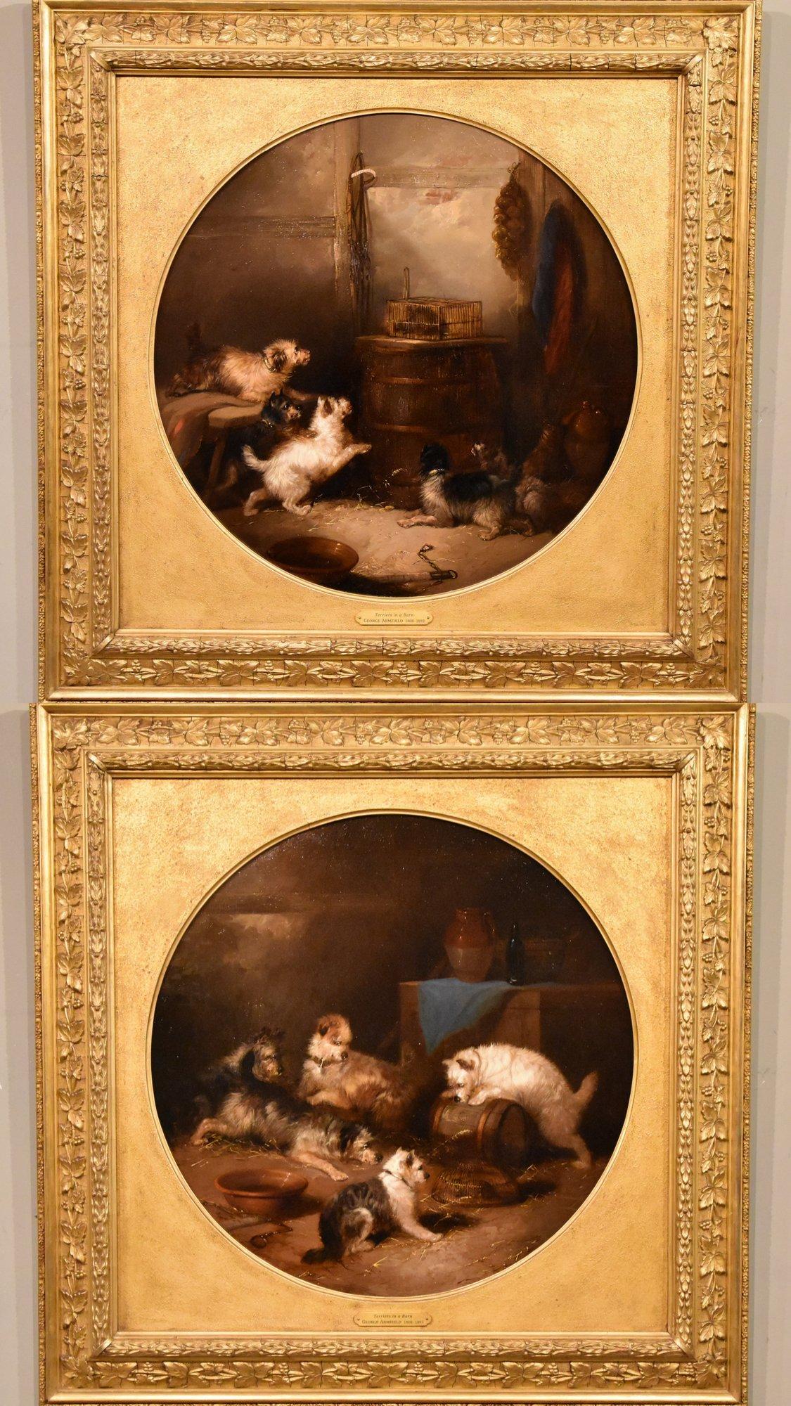Oil Painting Pair by George Armfield "Terriers in a Barn" 1808 - 1893 London painter of dogs, especially terriers. He exhibited at the Royal Academy, R.B.A and British Institution. Both Oil on Canvas. Original Frames. 

Dimensions unframed 21 x 21