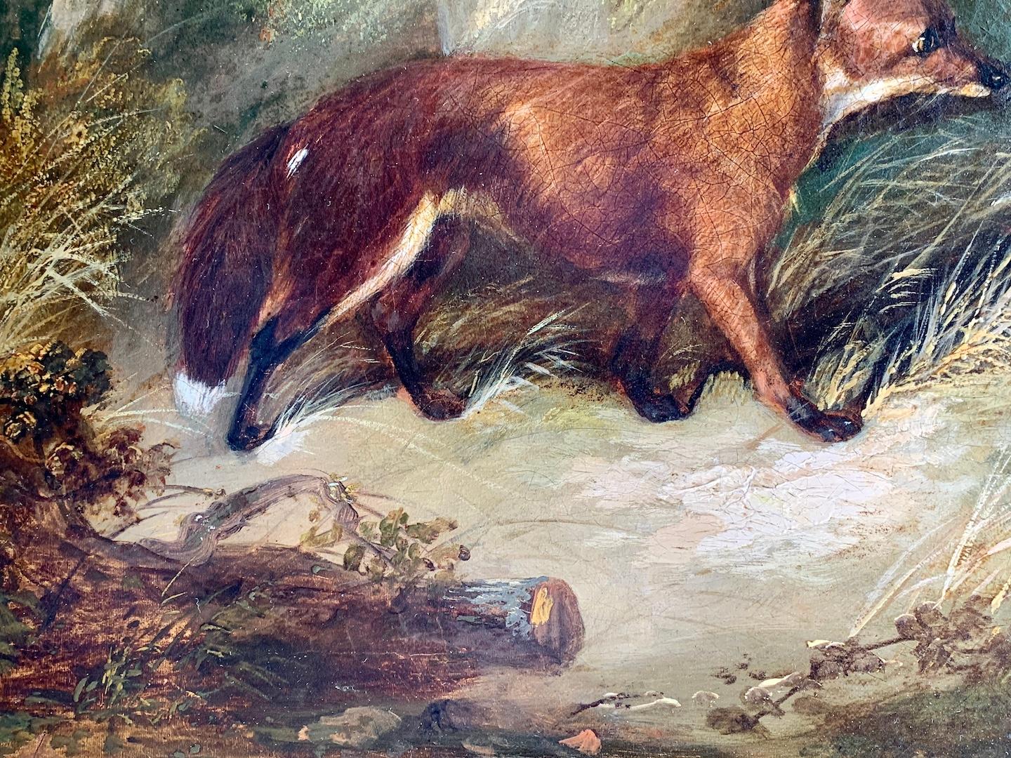 Rare Antique Victorian English 19th C portrait of Fox in a landscape - Brown Animal Painting by George Armfield