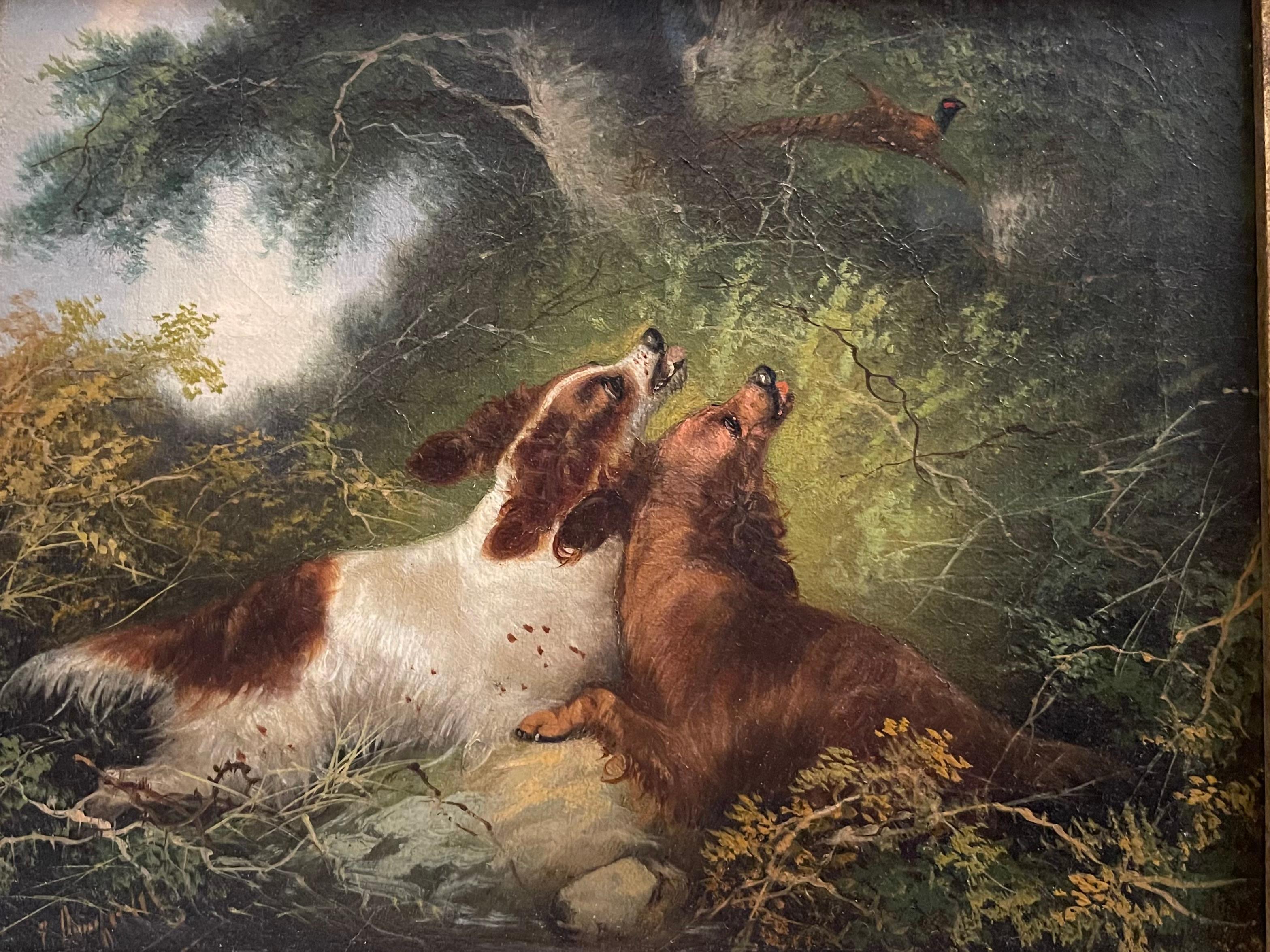 Spaniels Chasing Pheasant - Romantic Painting by George Armfield