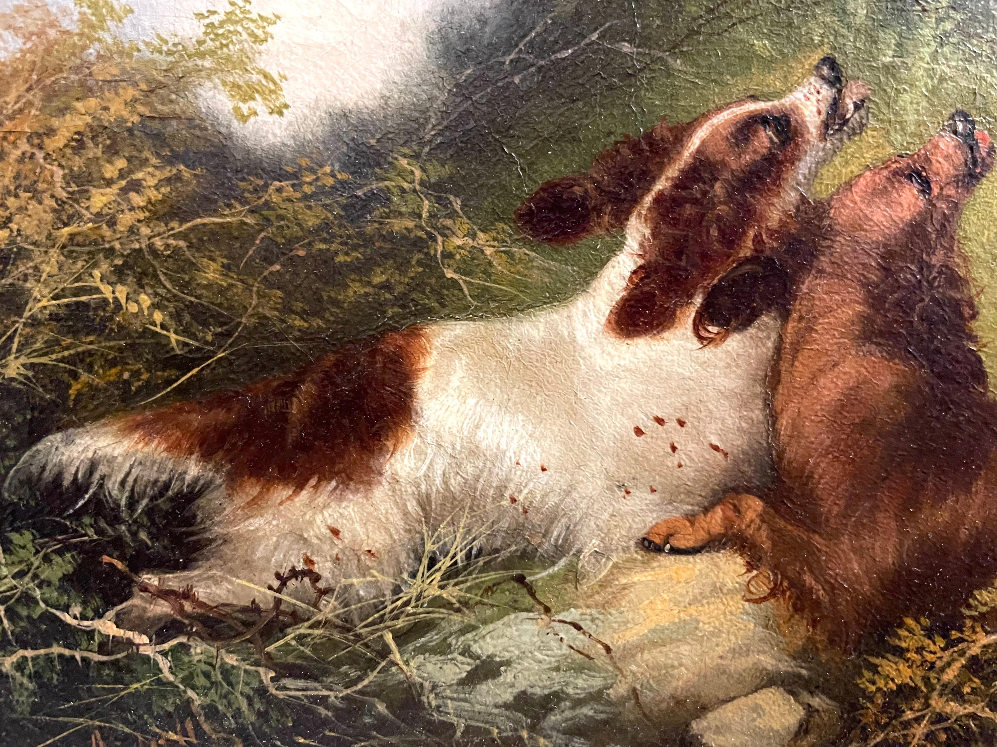 Épagneuls chassant le faisan - Gris Animal Painting par George Armfield