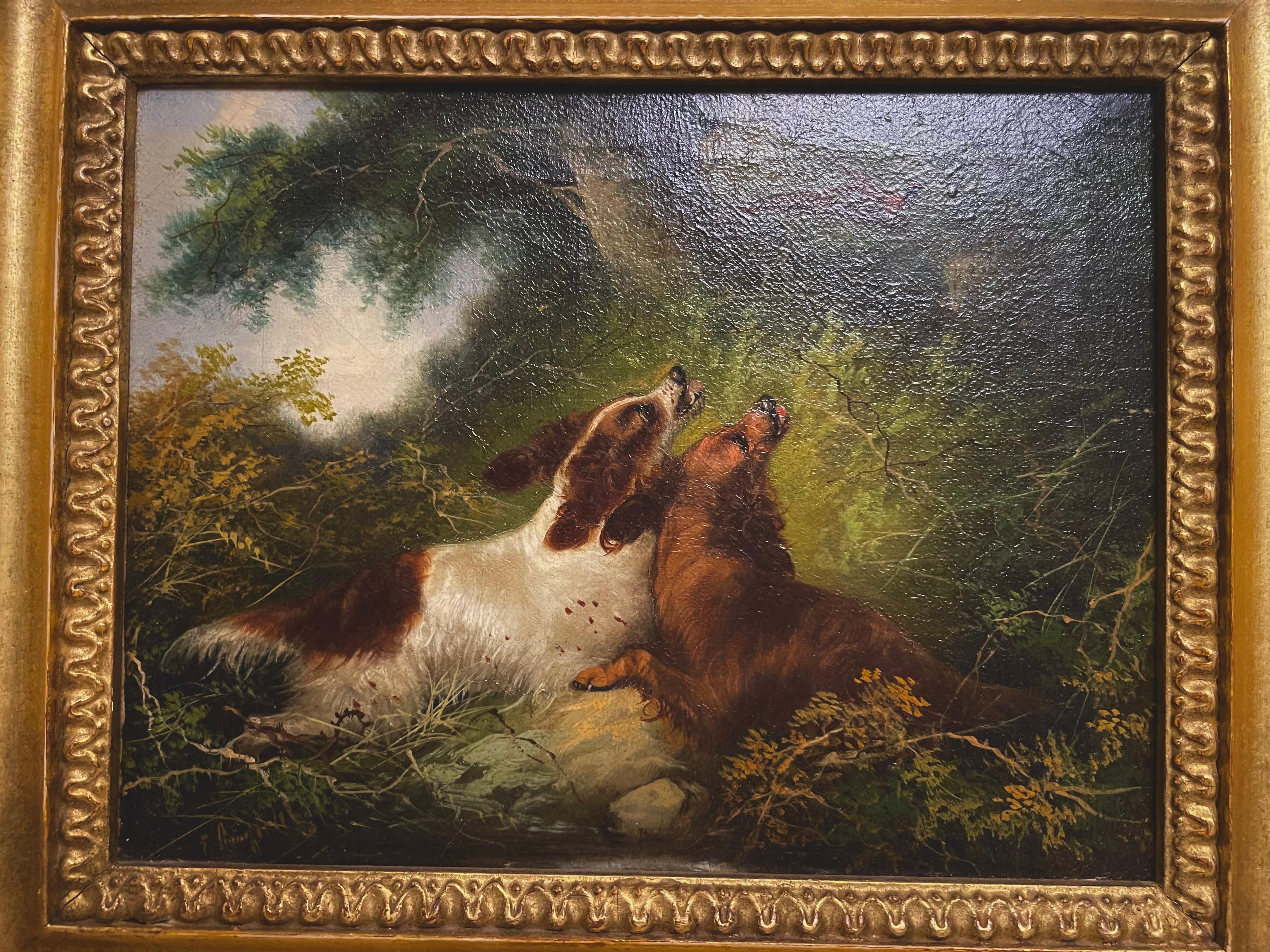 Charming oil painting on canvas by renowned genre artist George Armfield (1808-1893), of two dogs chasing a pheasant. The expression of  sheer dog happiness in the chase. and the pheasant at a safe distance, contribute to the delightful character of
