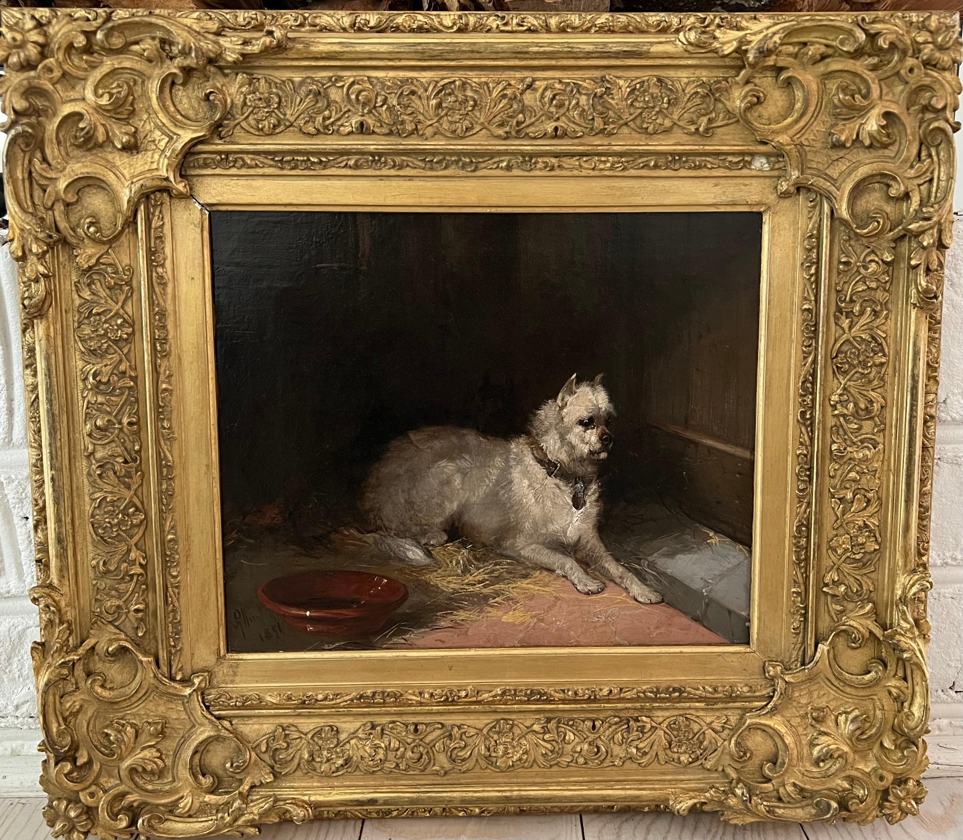 19thC George Armfield Oil Painting Terrier with a Bowl Original Gold Leaf Frame For Sale 1