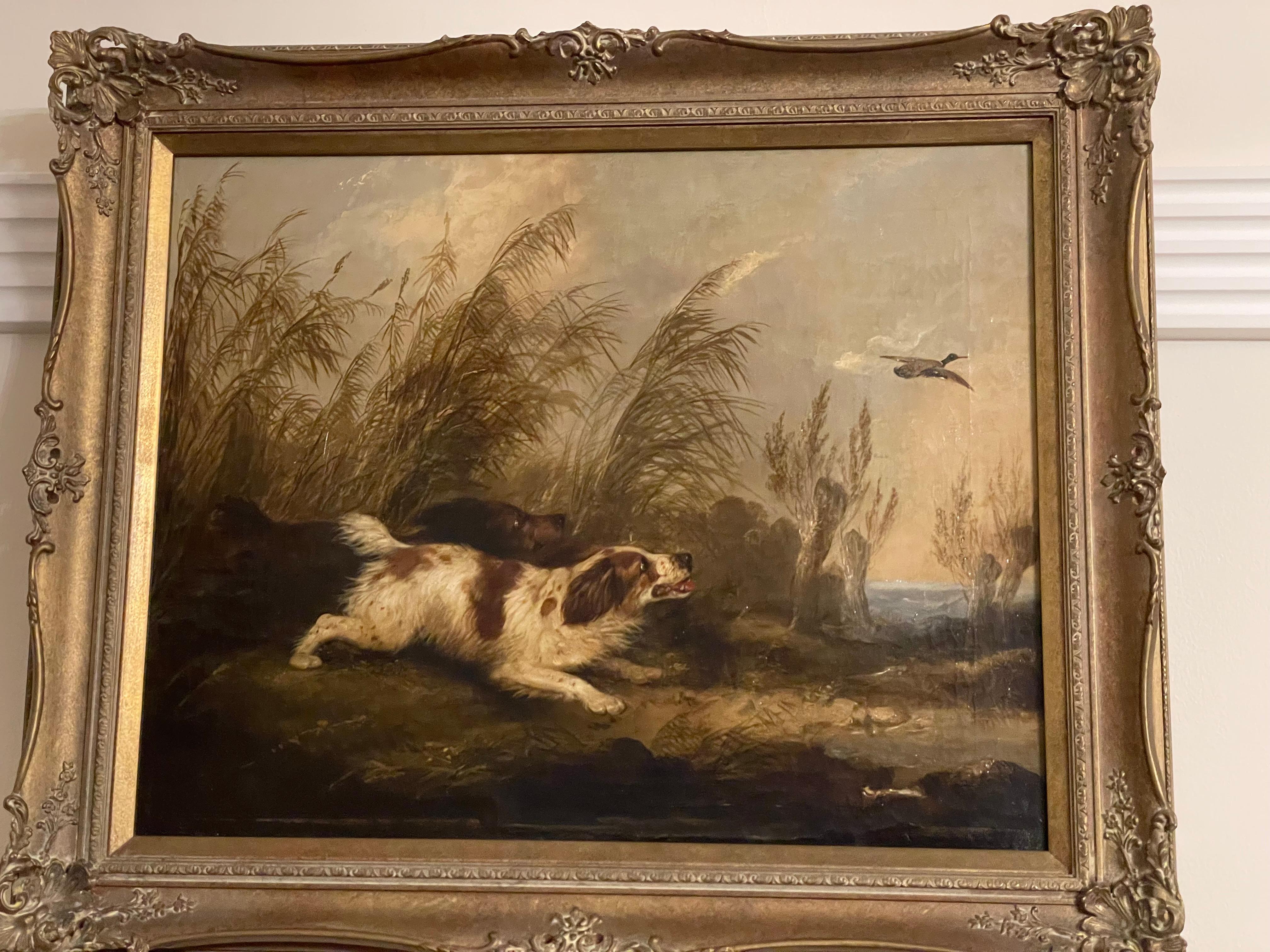 Terriers chasing rabbit and Spaniels flushing duck - Painting by George Armfield
