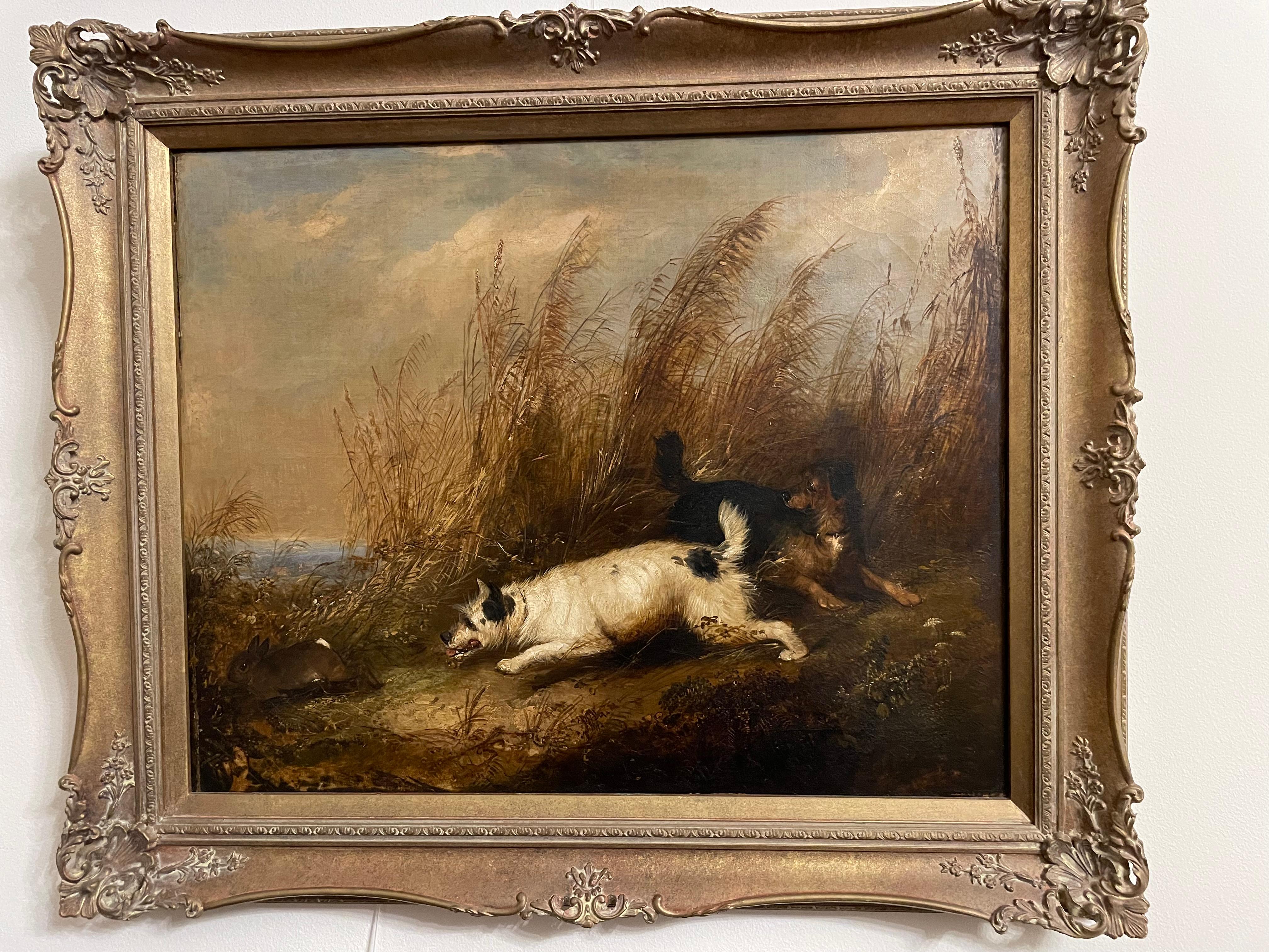 Terriers chasing rabbit and Spaniels flushing duck - Victorian Painting by George Armfield