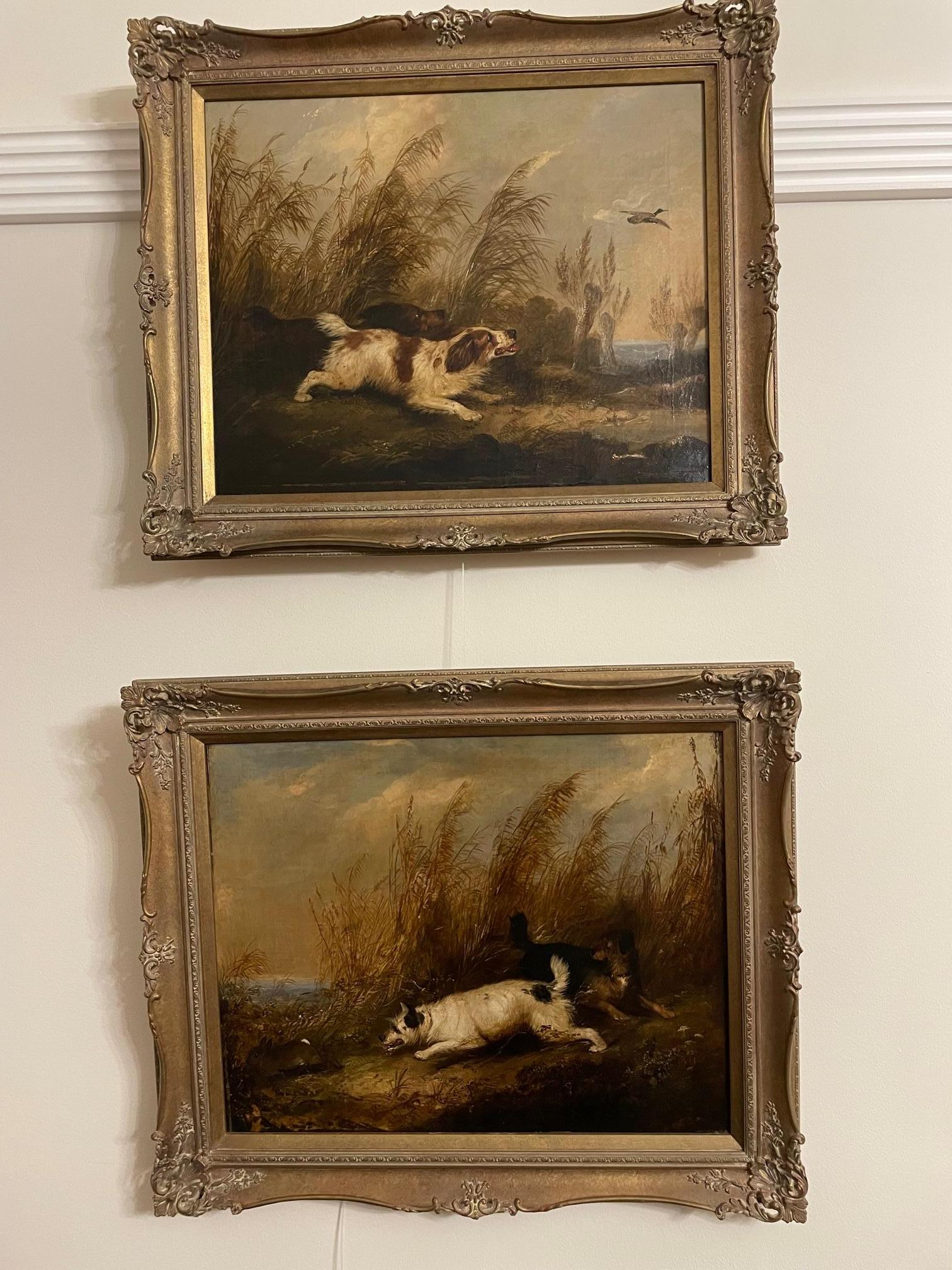 George Armfield Landscape Painting - Terriers chasing rabbit and Spaniels flushing duck