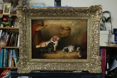 Three Gun Dogs after the shoot in barn with gun, horn and gunbag, oil on canvas