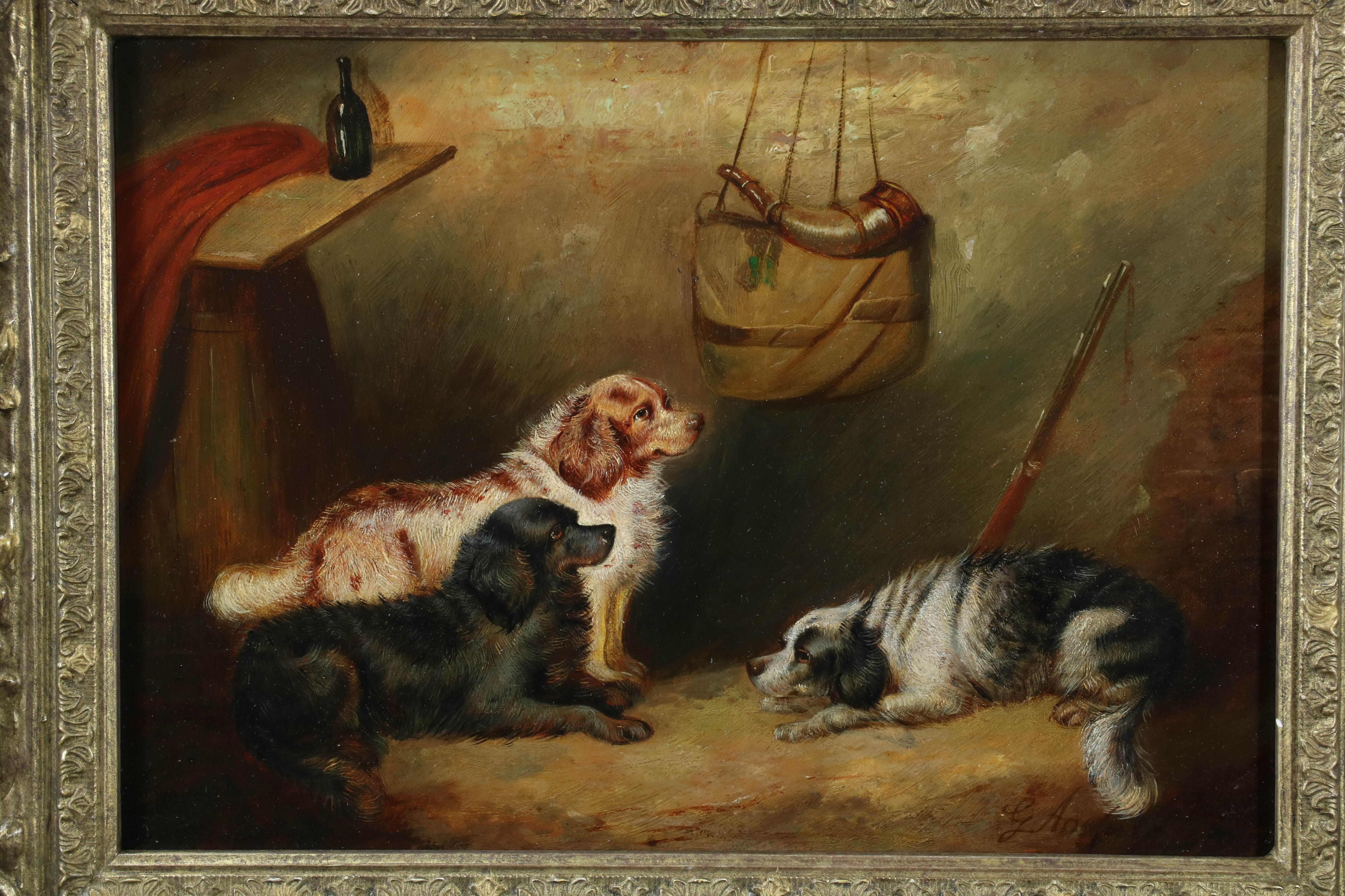 George Armfield Animal Painting - Three Gun Dogs after the shoot in barn with gun, horn and gunbag, oil on canvas