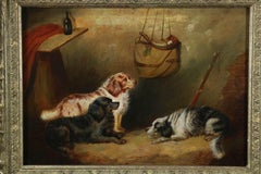 Antique Three Gun Dogs after the shoot in barn with gun, horn and gunbag, oil on canvas