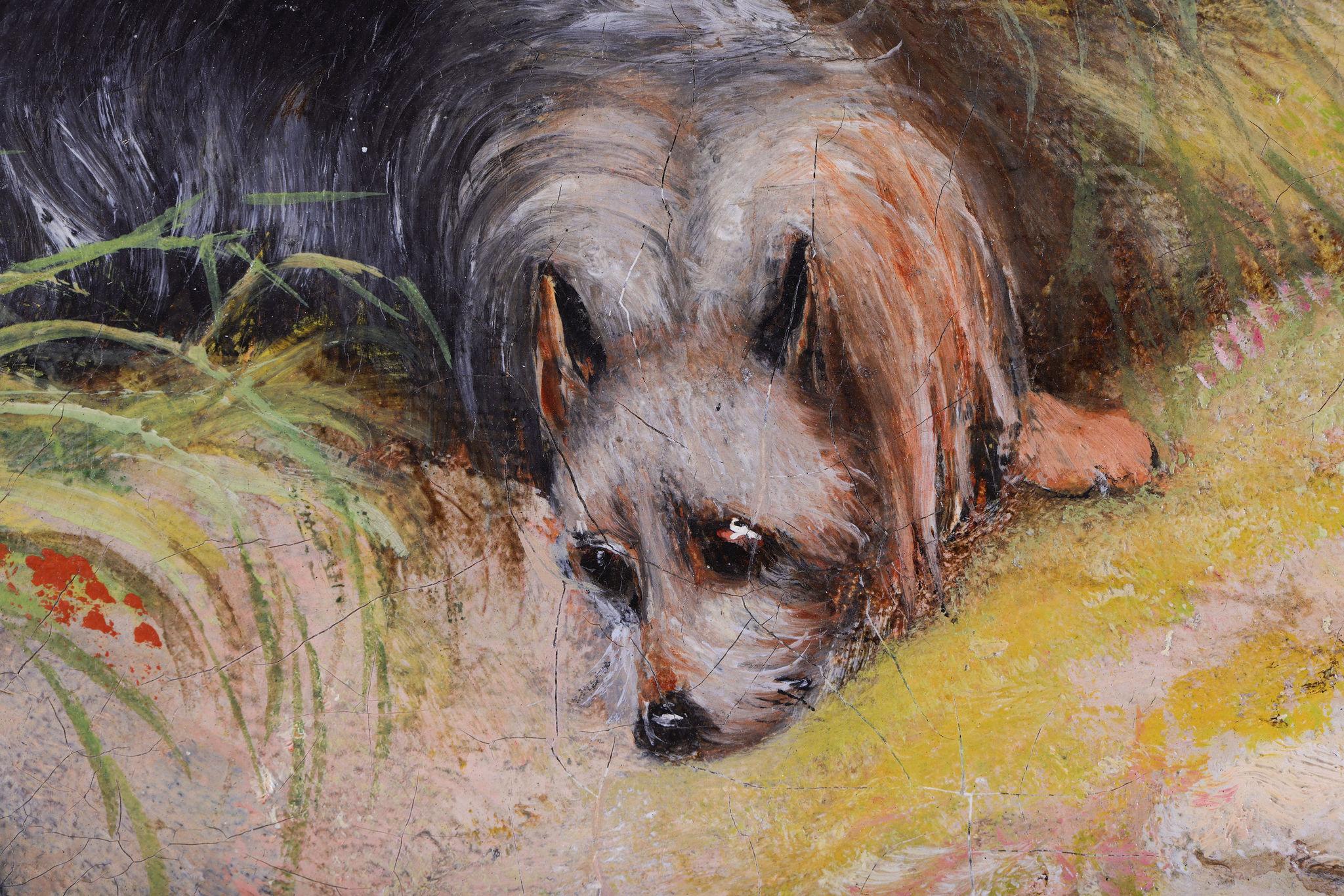 Tres perros Terrier junto a una madriguera de conejos. Óleo sobre lienzo de George Armfield en venta 4