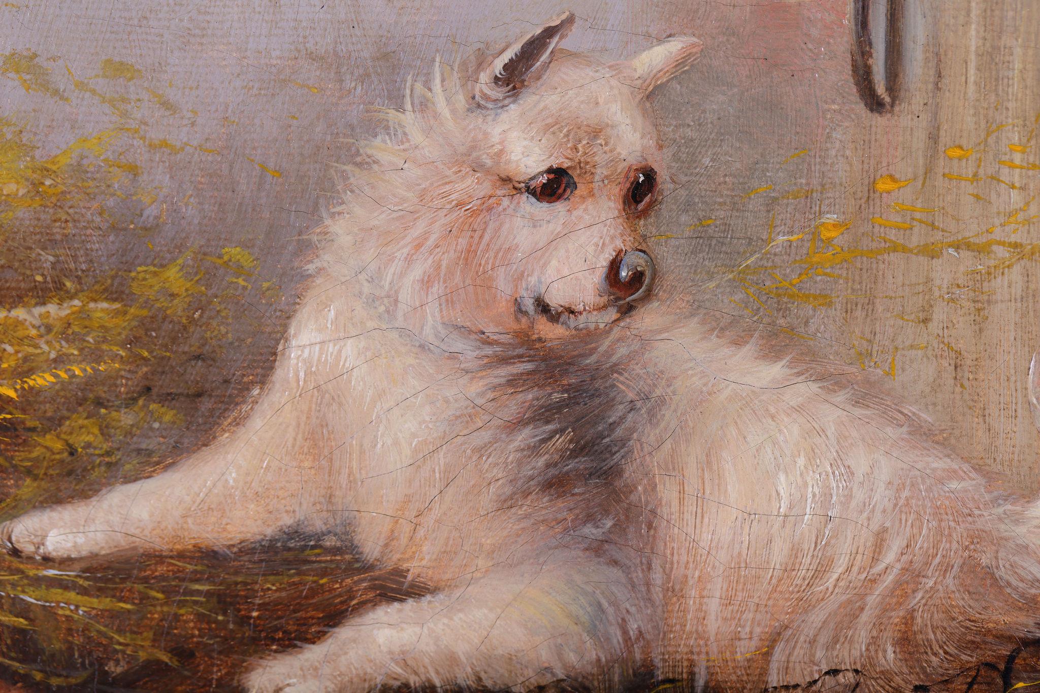 Three Terrier Dogs in a Stable Interior. Oil on Canvas by George Armfield For Sale 4