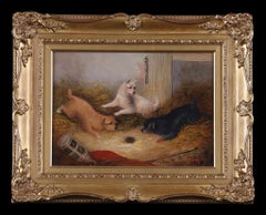 Trois chiens terriers dans un intérieur établi. Huile sur toile de George Armfield