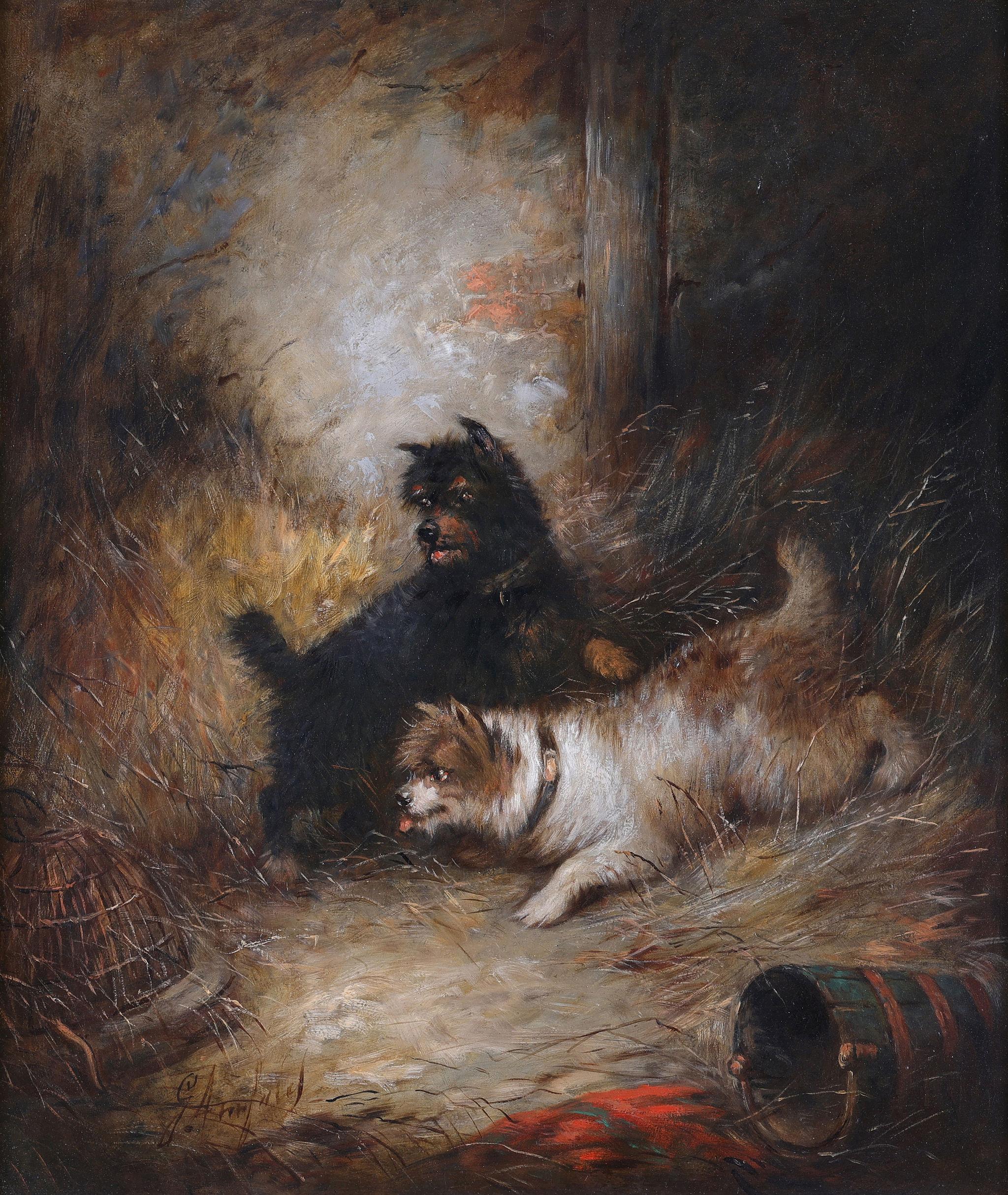 Two Terriers in a Barn - Painting by George Armfield
