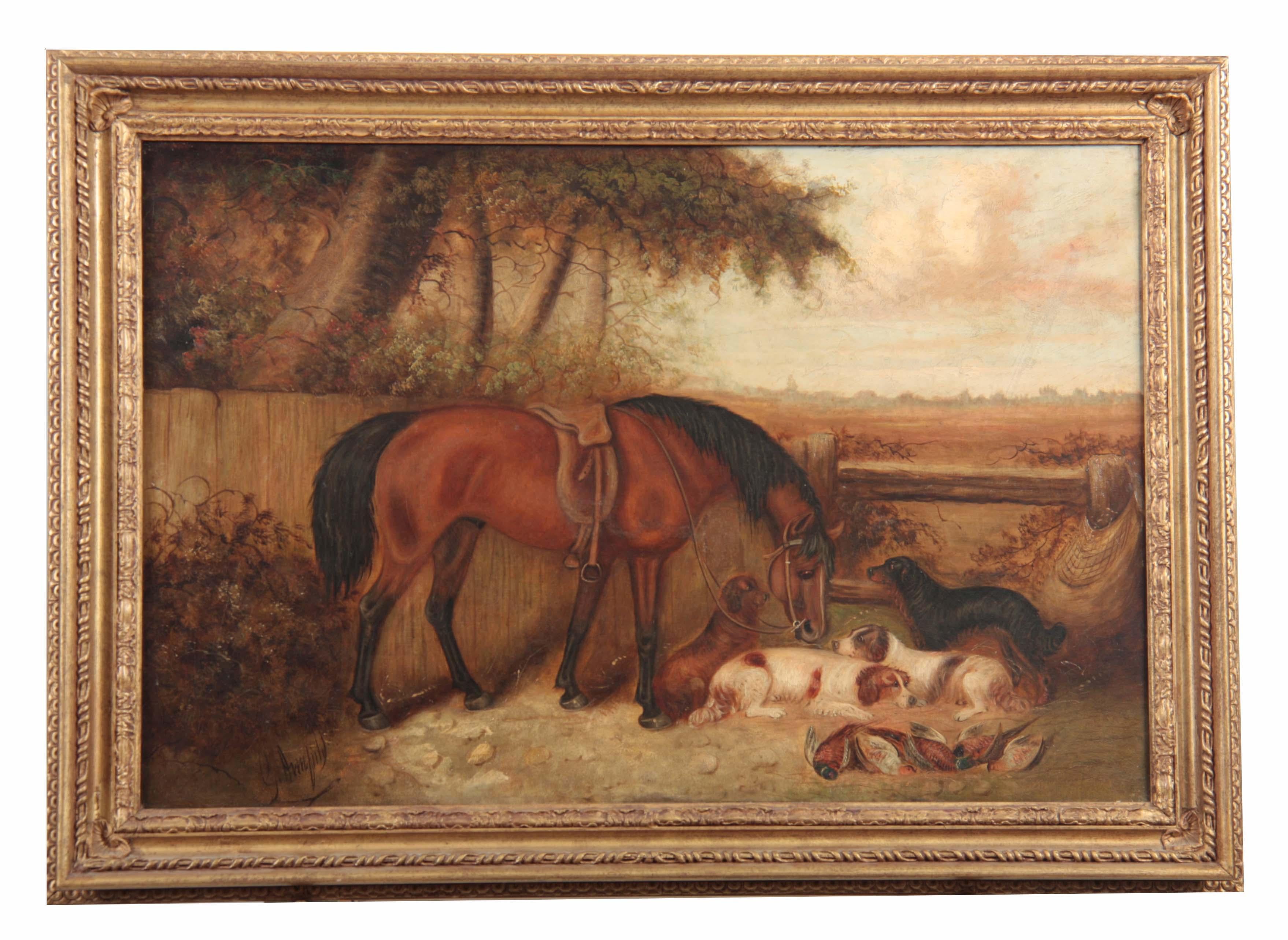 Victorian Signed Oil Sporting Companions in Country Landscape Horse & Dogs - Painting by George Armfield