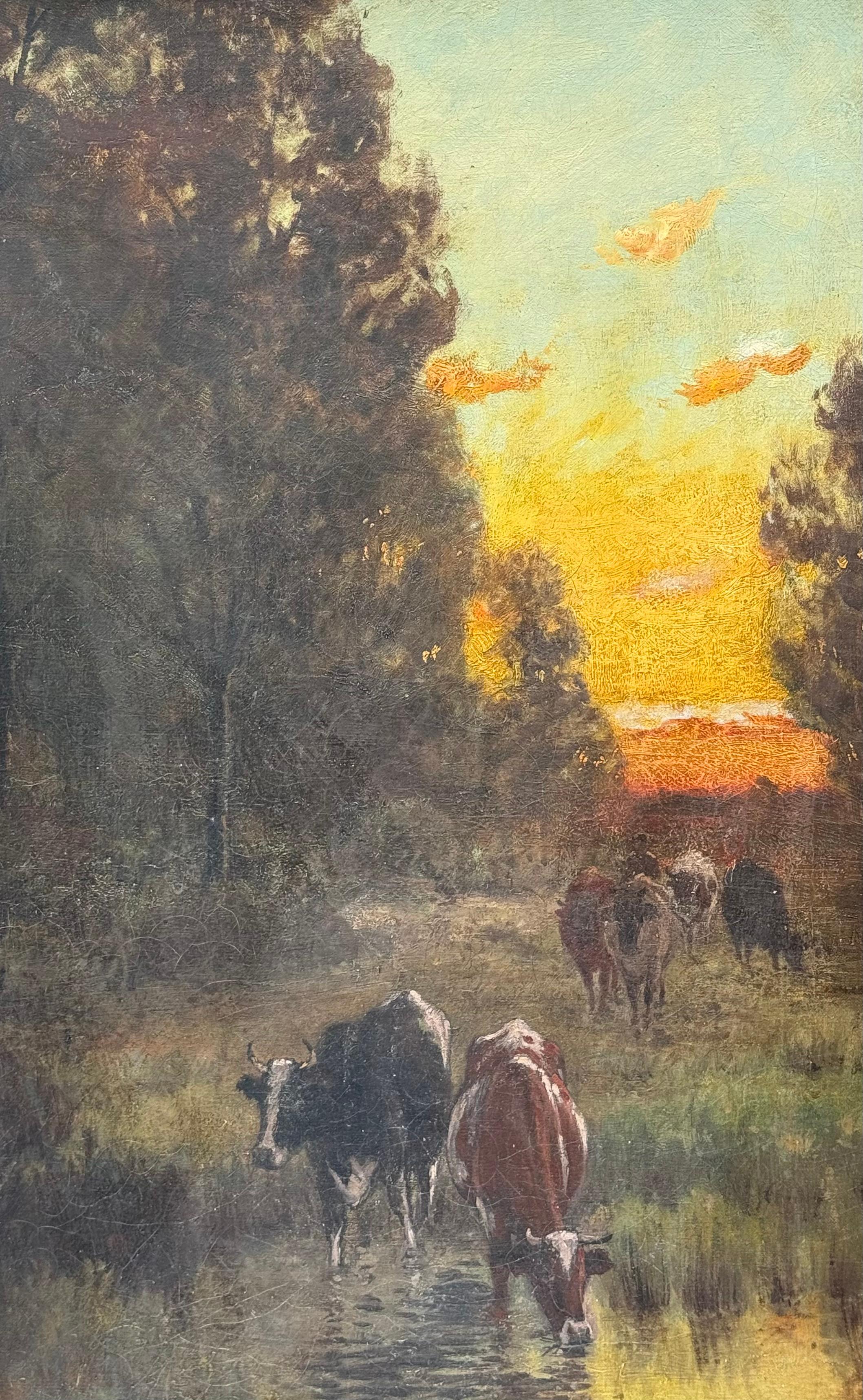 “Cows at a Stream Sunset” - Painting by George Arthur Hays