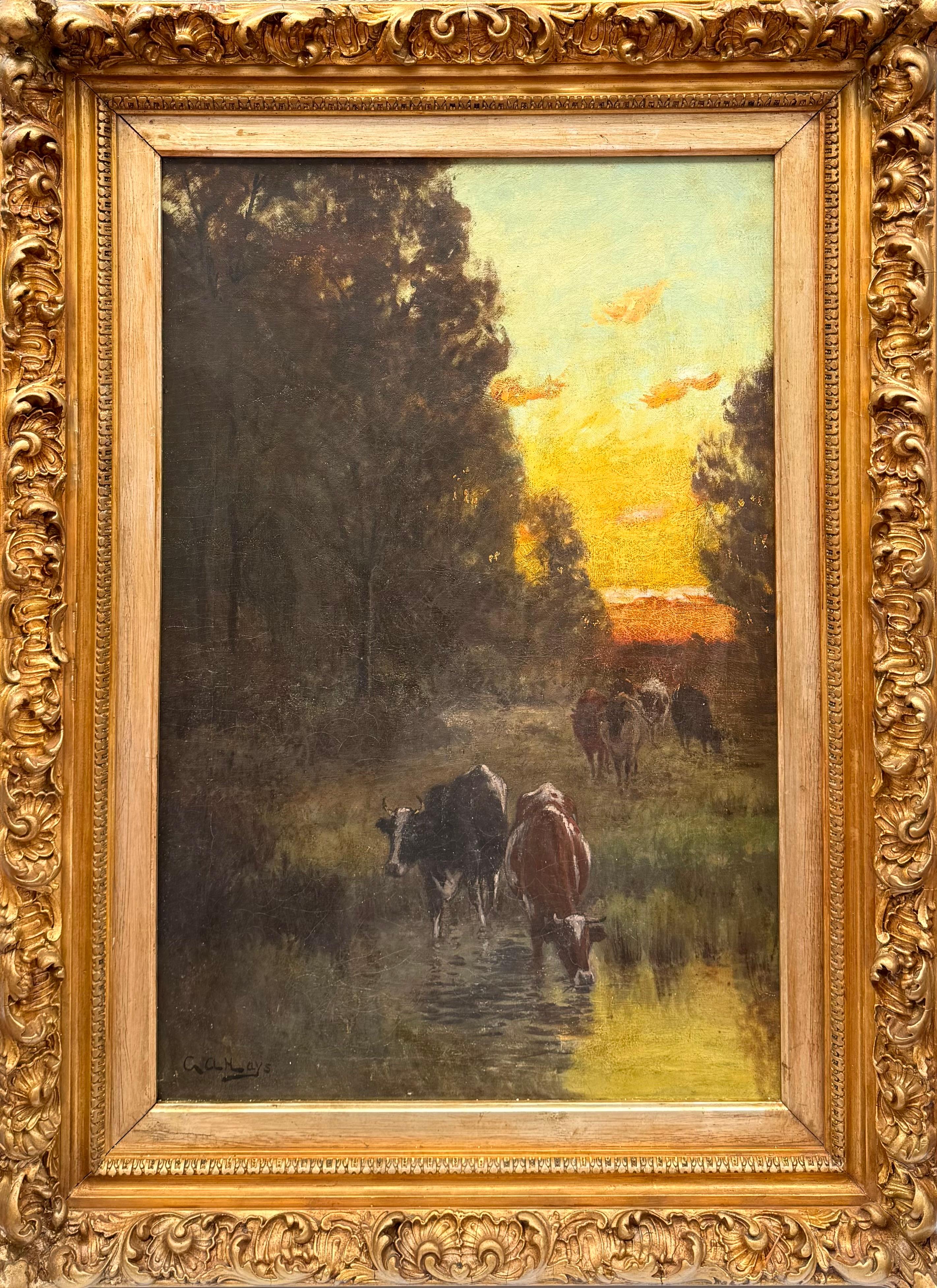 “Cows at a Stream Sunset” - Academic Painting by George Arthur Hays