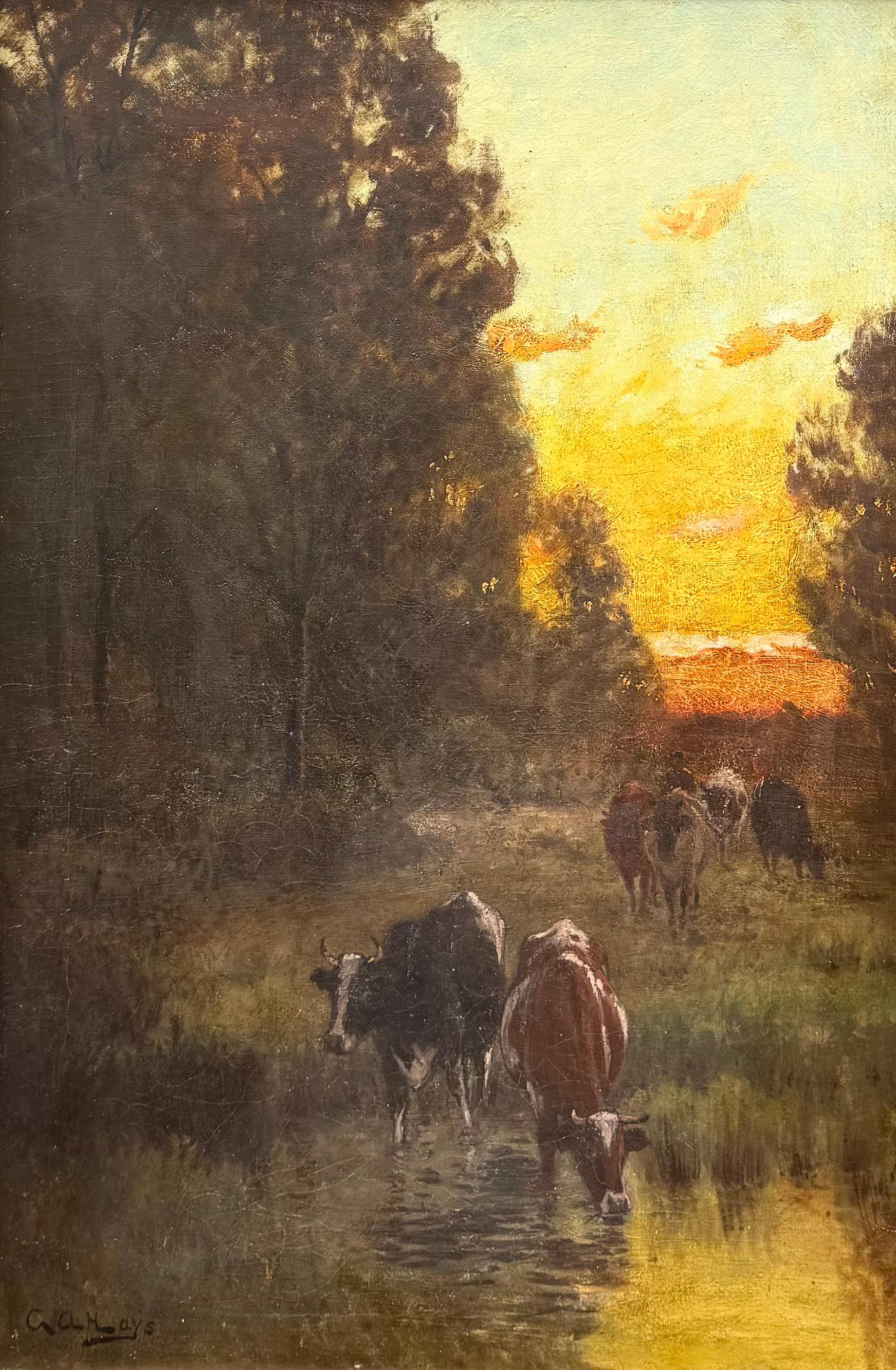 “Cows at a Stream Sunset” - Brown Landscape Painting by George Arthur Hays