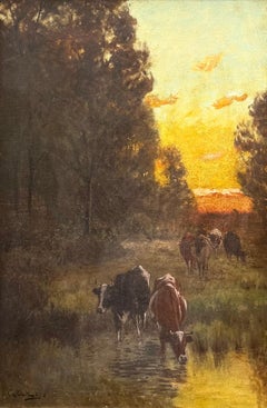 "Mucche al tramonto di un ruscello"