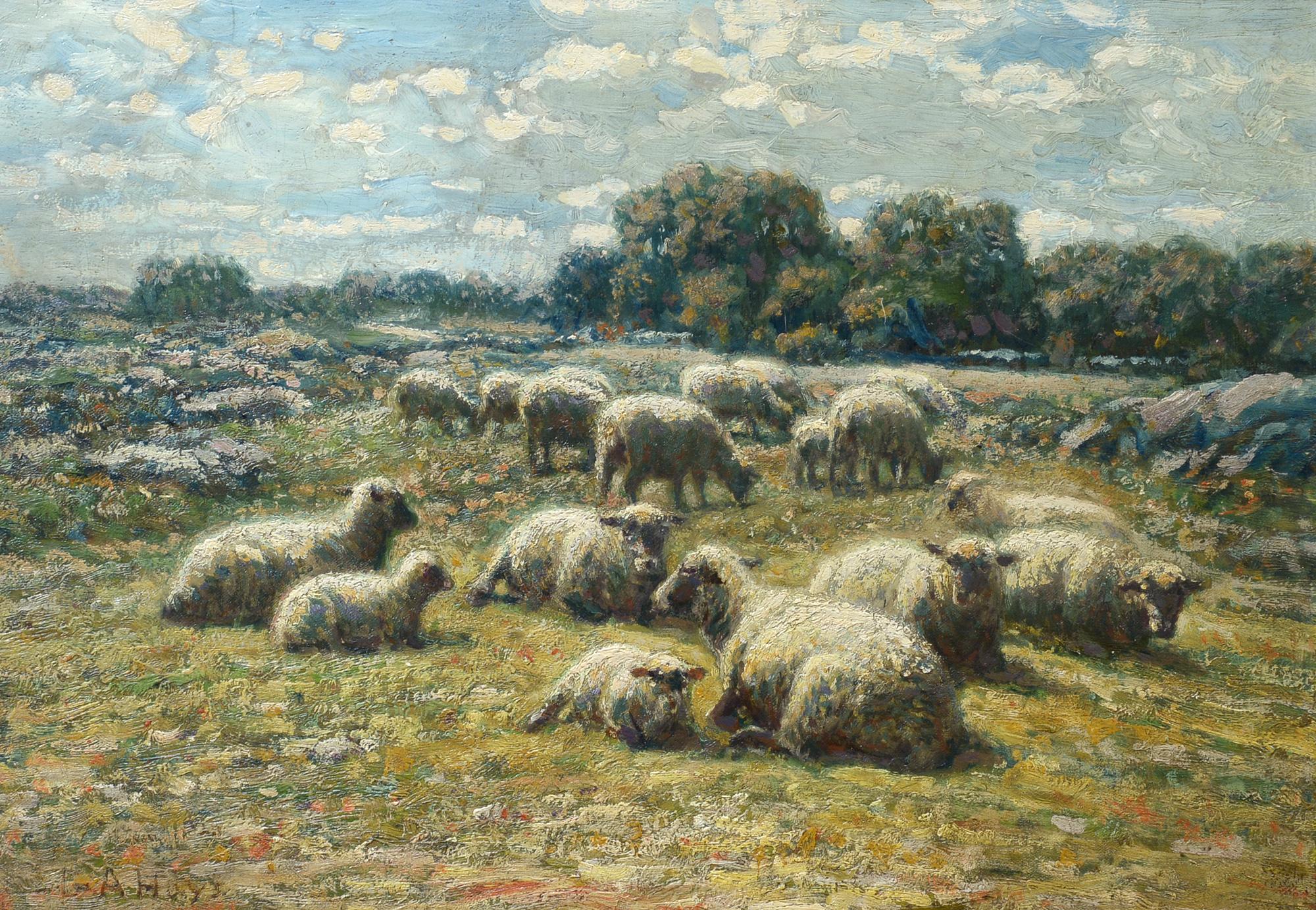 George Arthur Hays Landscape Painting - "Sunlit Pasture, 1911, " American Impressionism, American Barbizon School, sheep