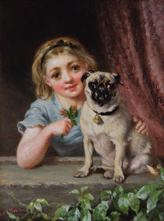 19th Century genre oil painting of a young girl with a pug dog