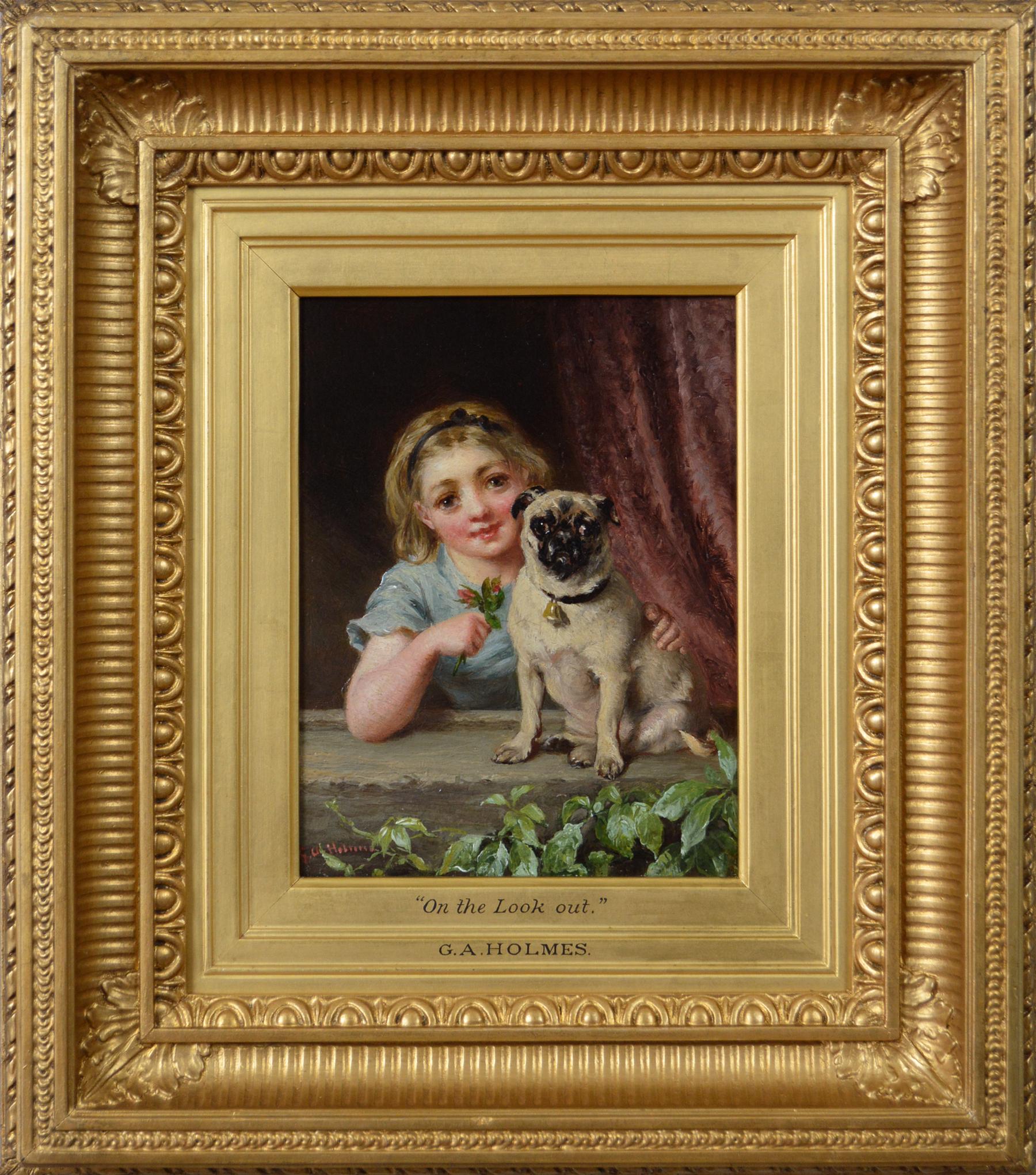 George Augustus Holmes Figurative Painting - 19th Century genre oil painting of a young girl with a pug dog 