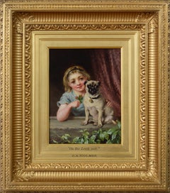 Antique 19th Century genre oil painting of a young girl with a pug dog 