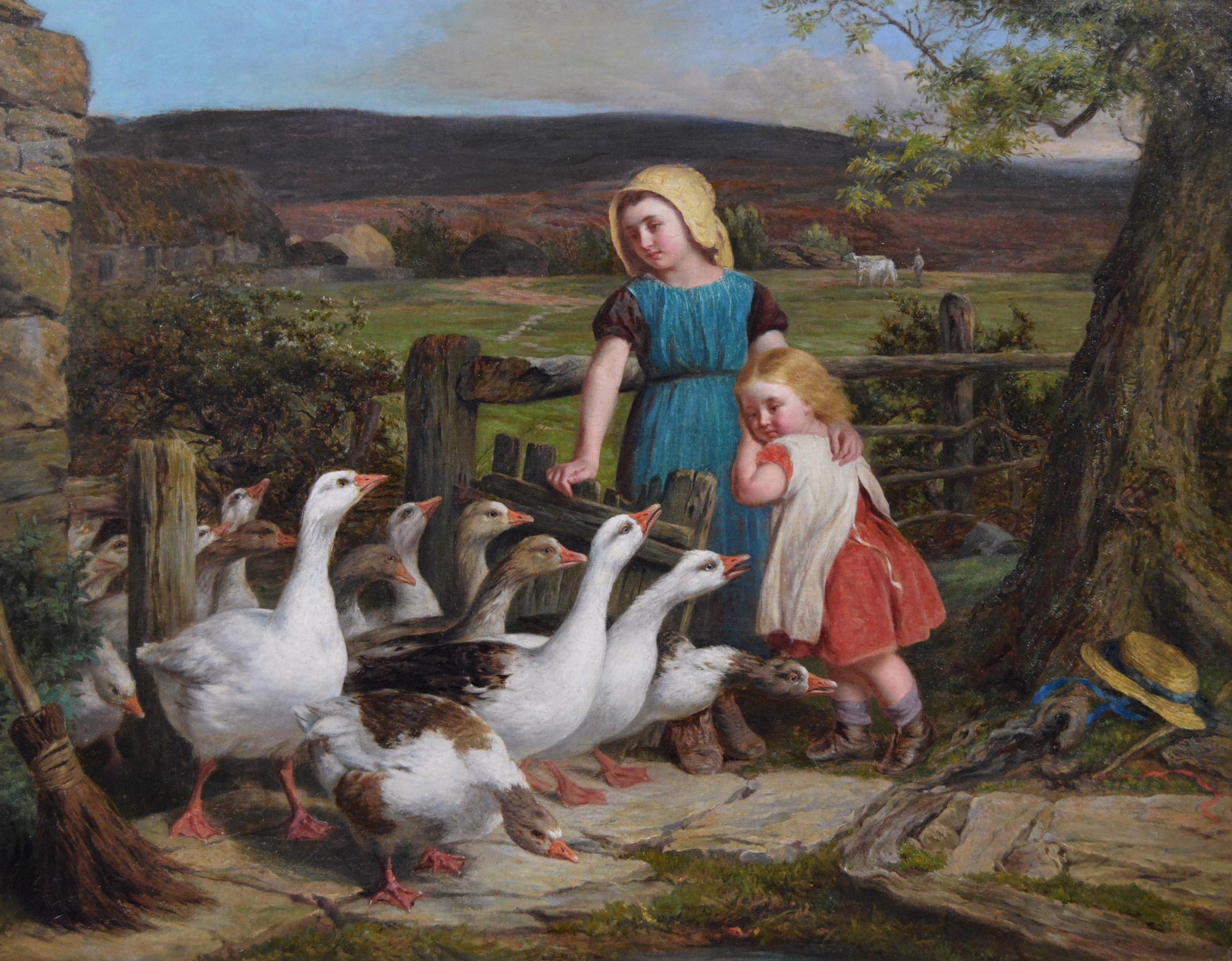 19th Century genre oil painting of girls with geese  - Painting by George Augustus Holmes