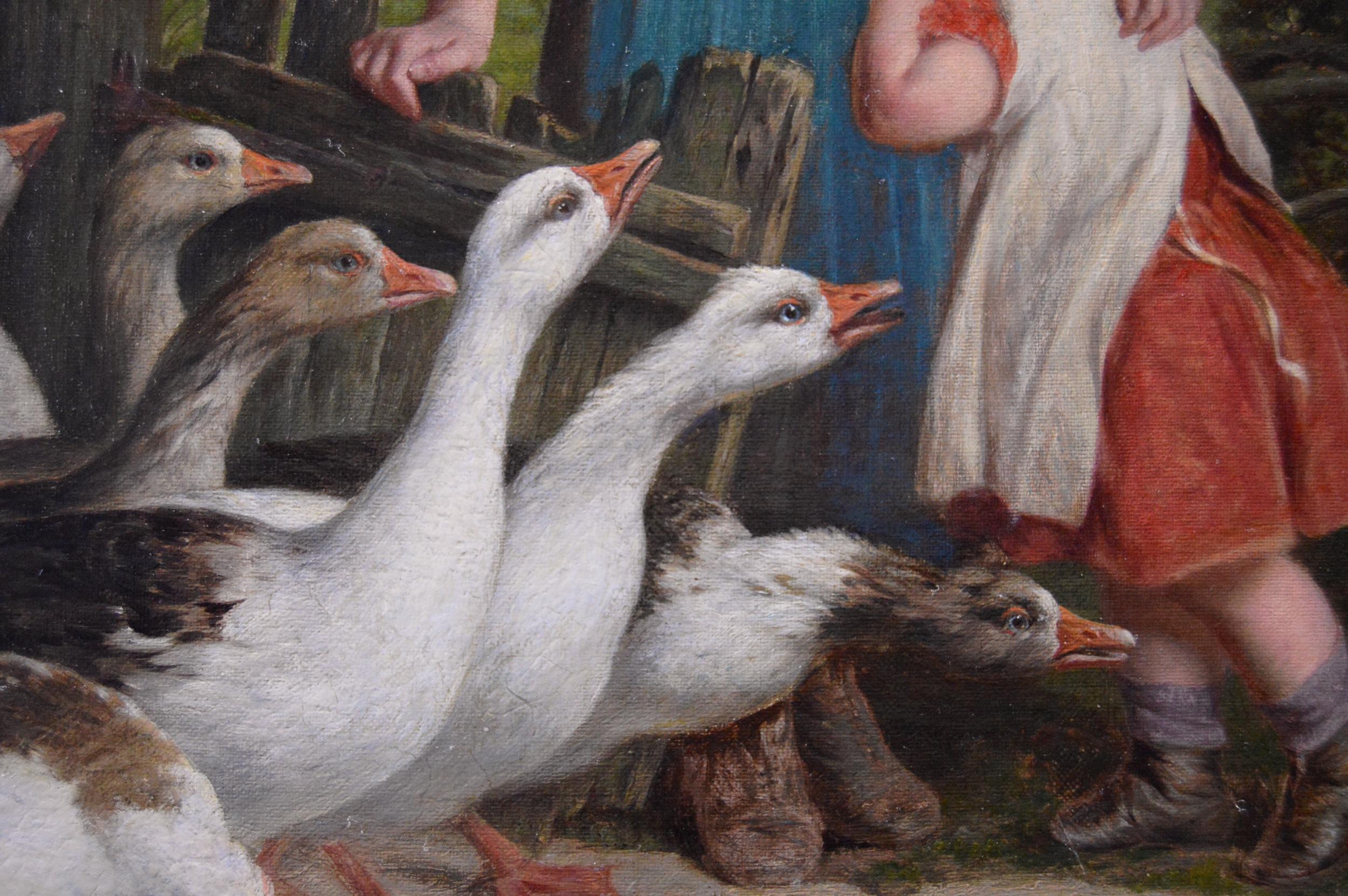 19th Century genre oil painting of girls with geese  - Victorian Painting by George Augustus Holmes